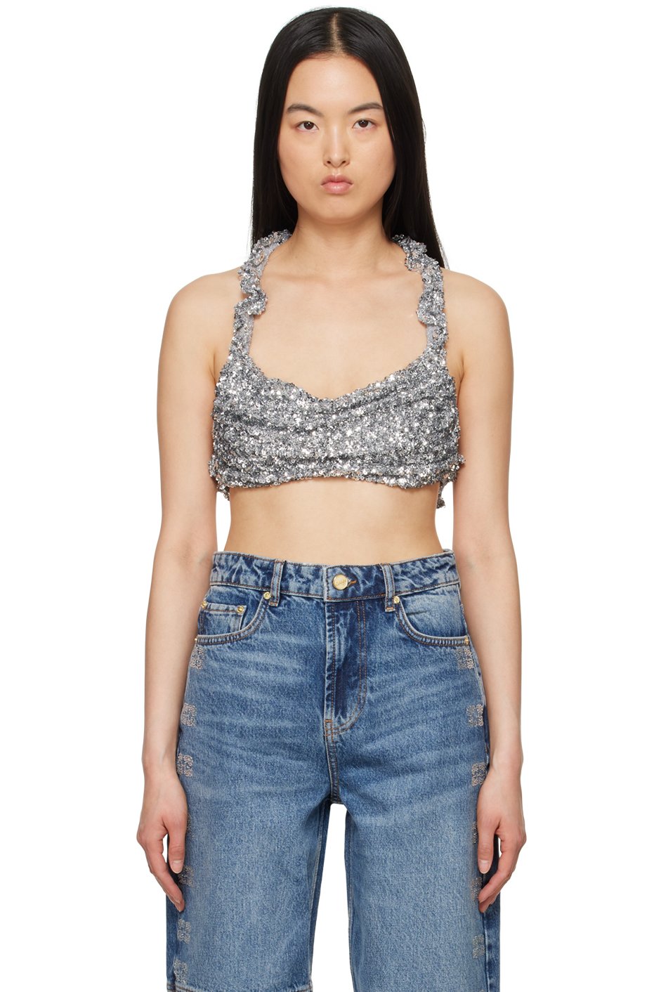 GANNI - Camisole argentée à paillettes