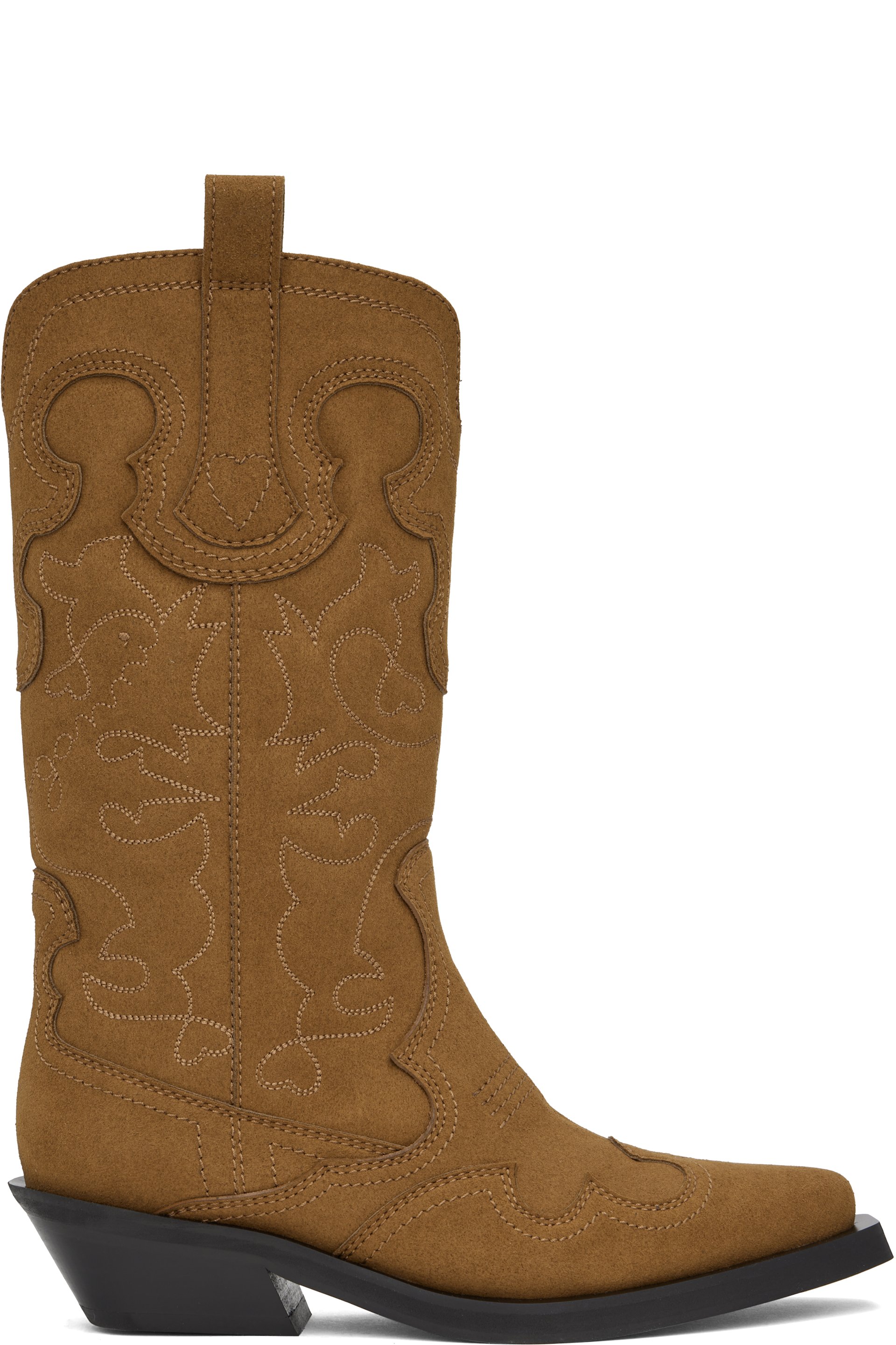 GANNI - Brown Mid Shaft Embroidered Western Boots