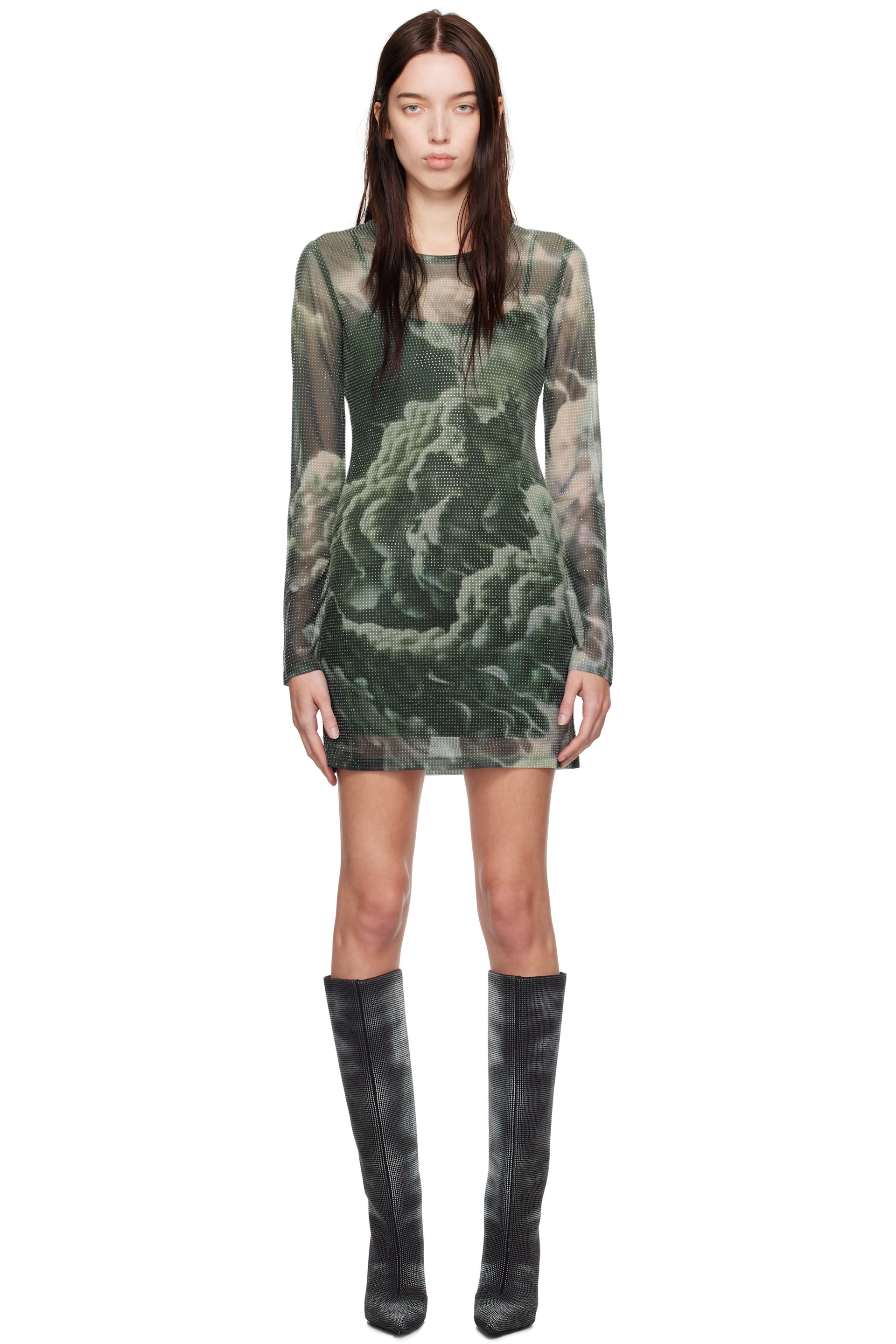 Alexander Wang - Green Crystal Hotfix Cloud-Print Sheer Minidress