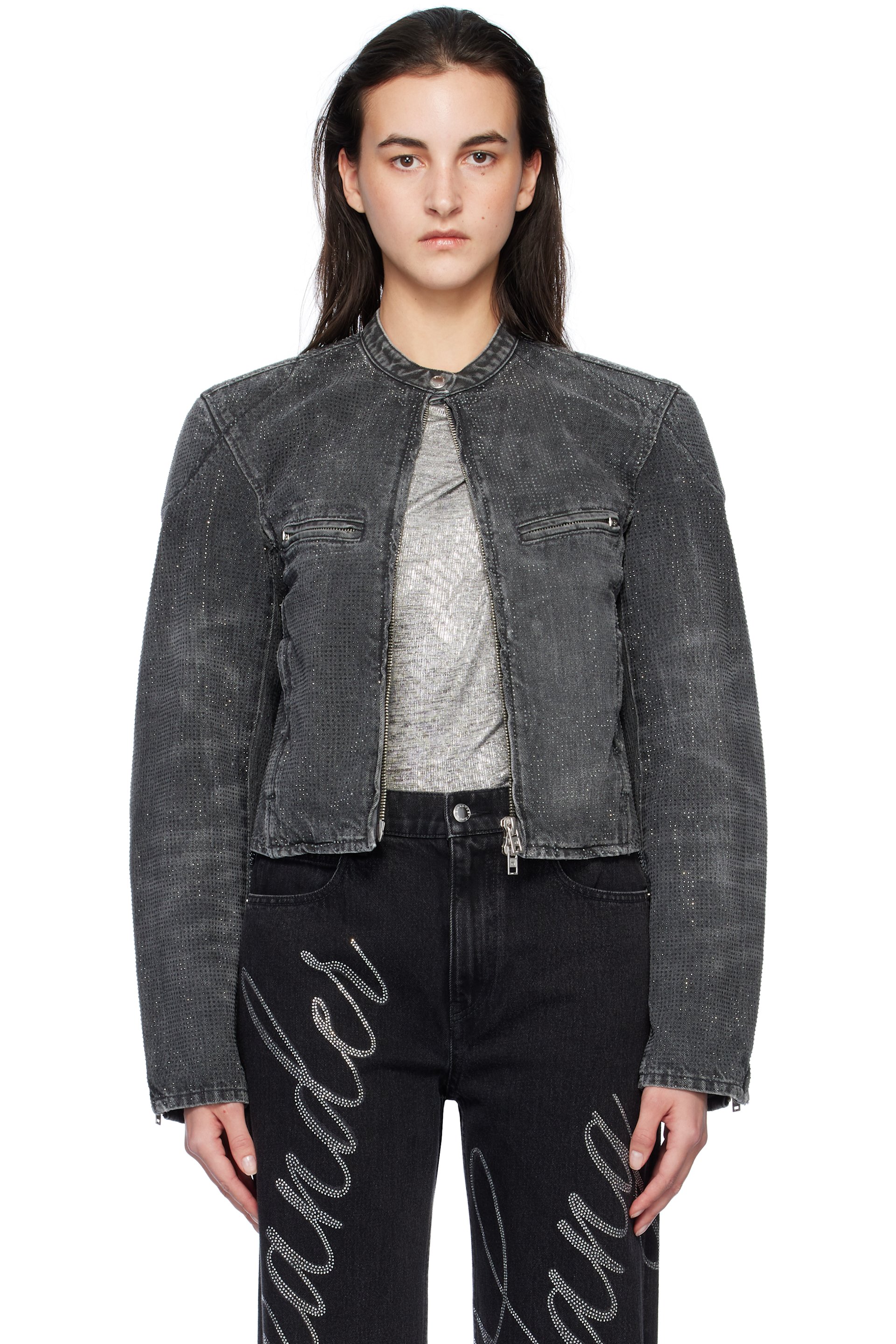 Alexander Wang: Gray Crystal Hotfix Moto Denim Jacket | SSENSE