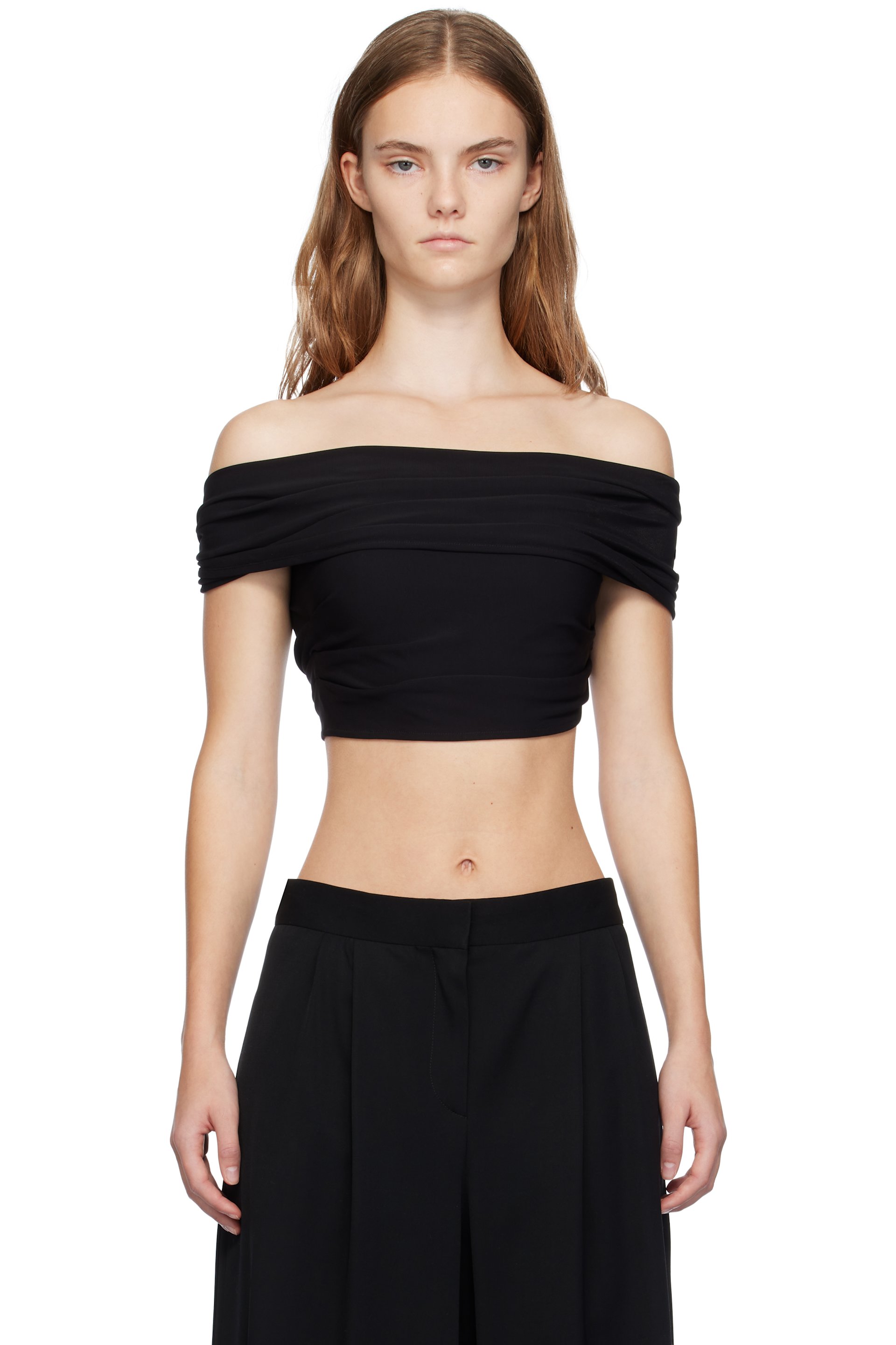 Casablanca - Black Crepe Draped Crop Top T-shirt
