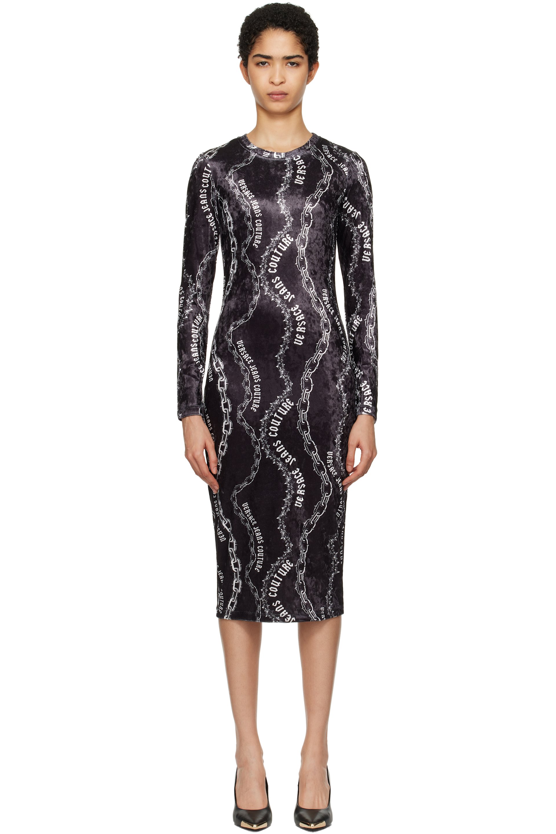 Versace Jeans Couture - Robe midi noire en velours à motif Chain Couture