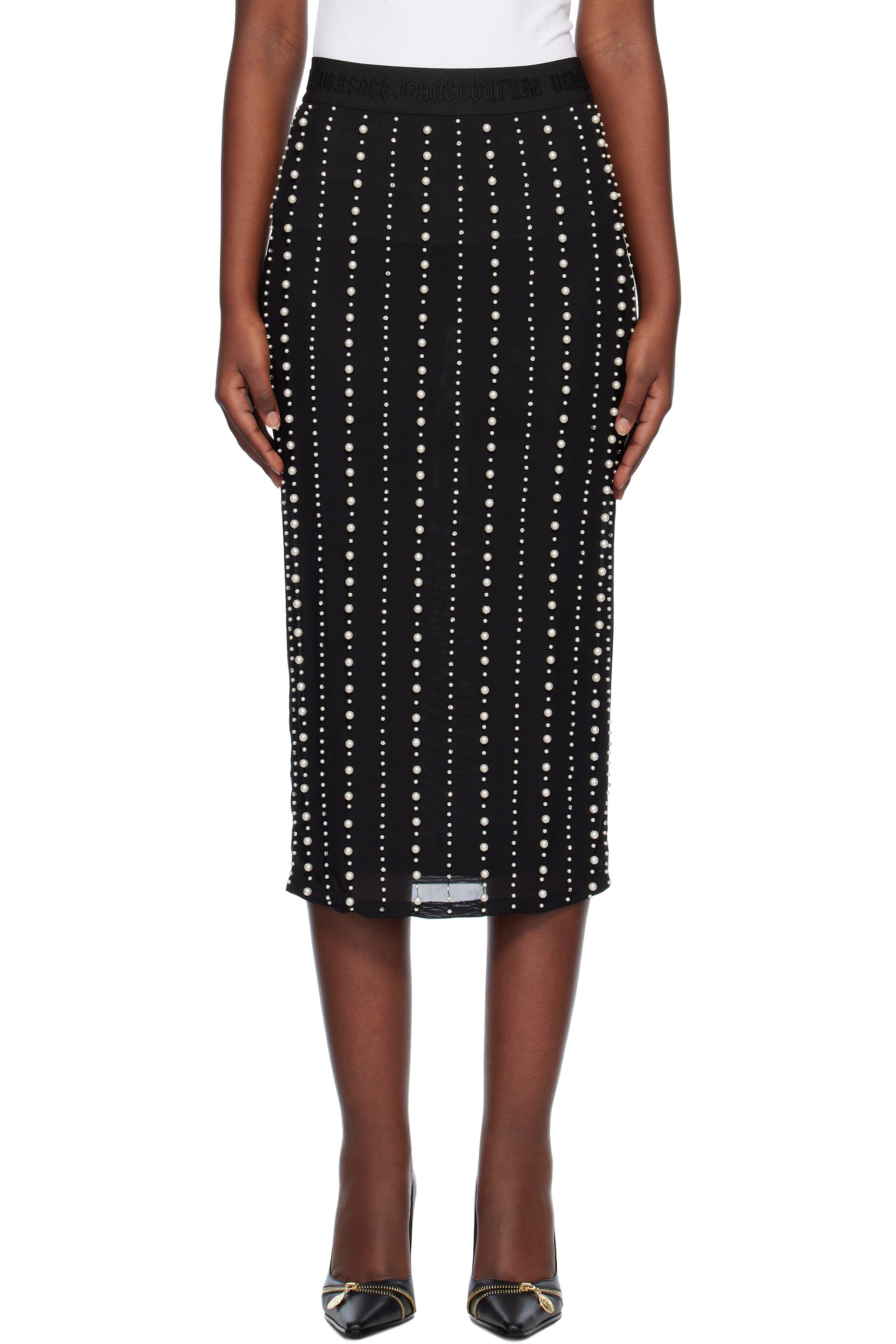 Versace Jeans Couture - Jupe midi noire à ornements facettés