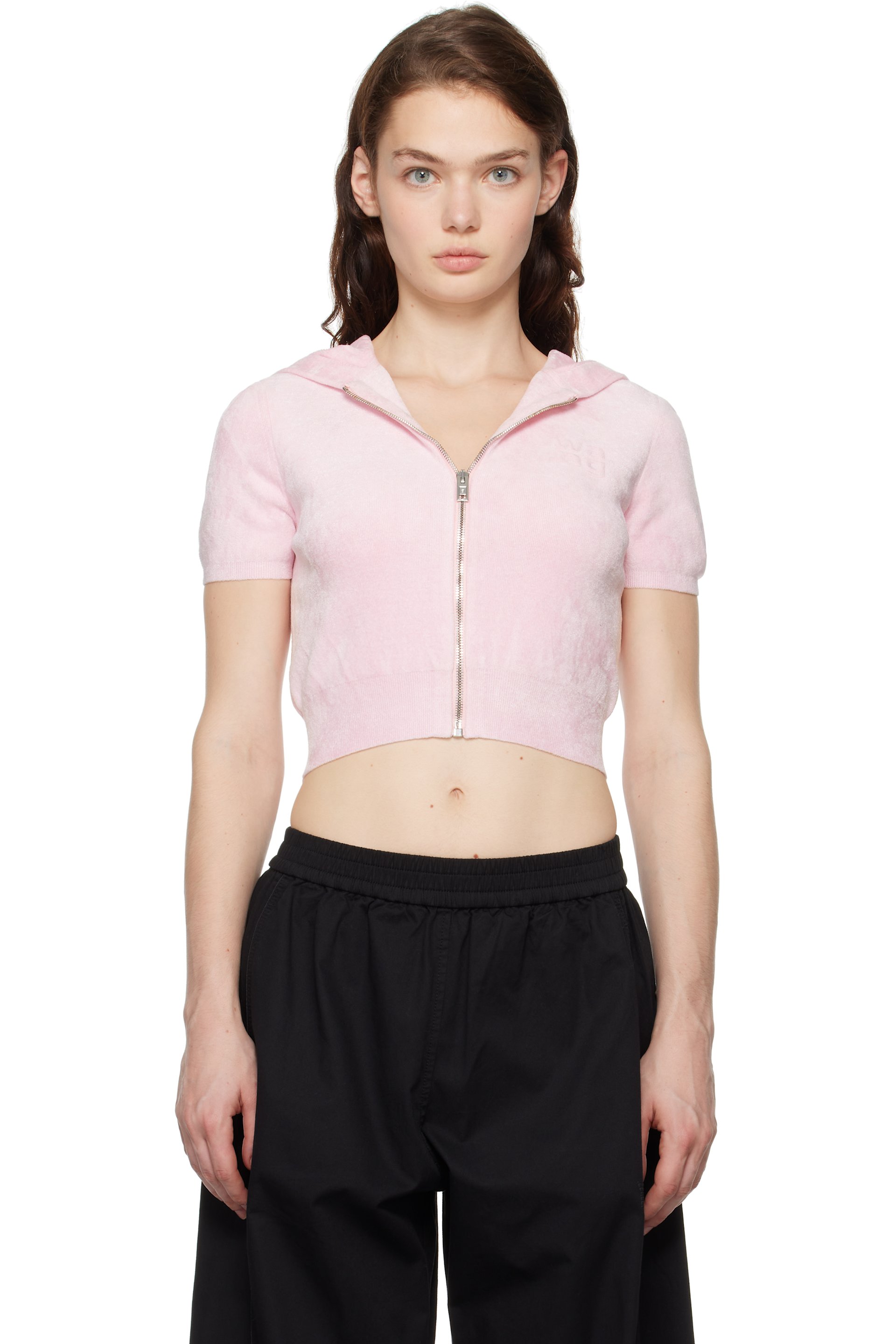 alexanderwang.t: Pink Cropped Zip-Up Hoodie | SSENSE Canada