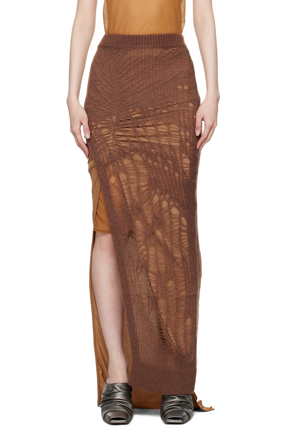 Rick Owens - Jupe longue Ziggy brune en tricot à mailles ouvertes - Porterville