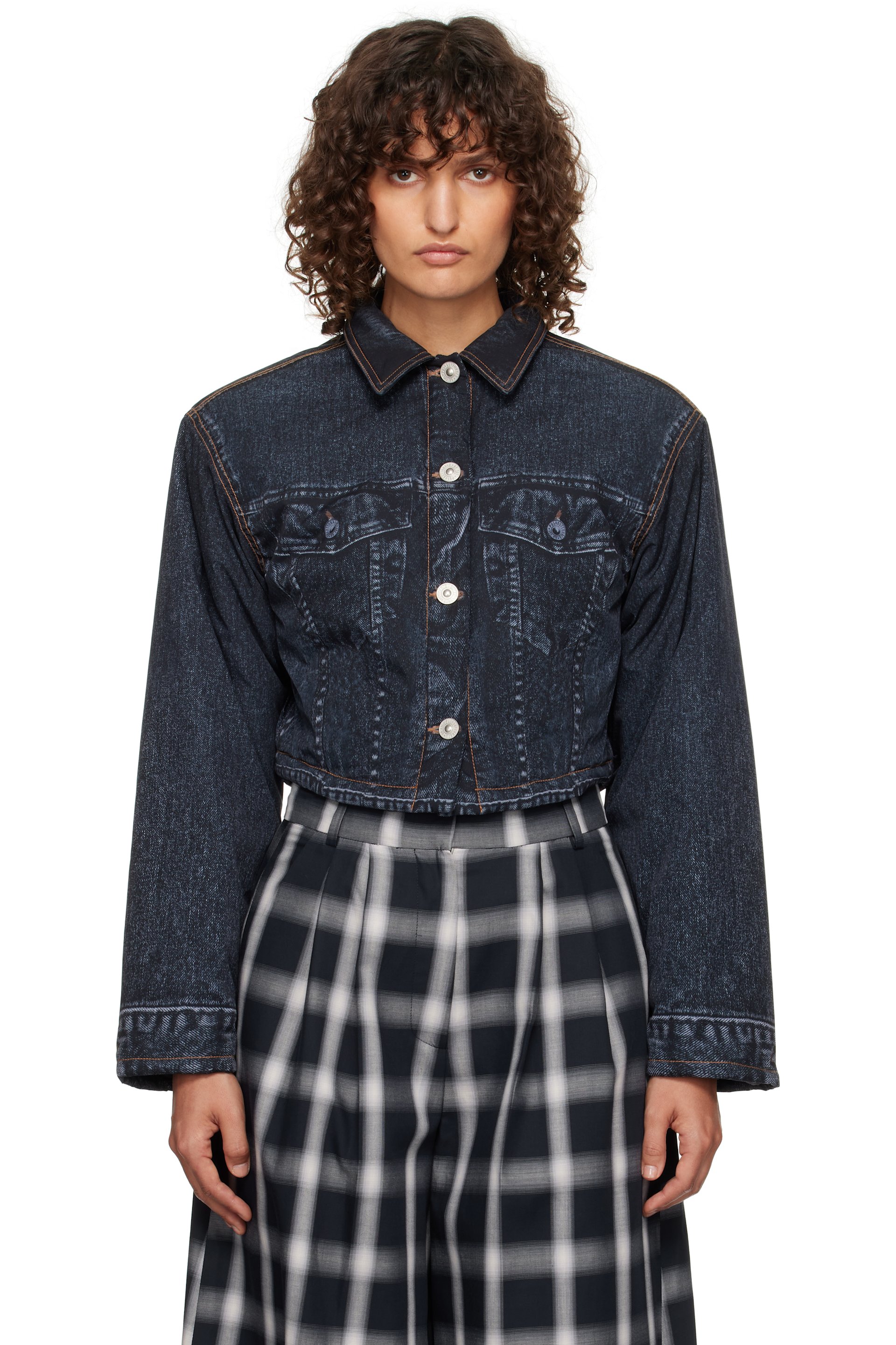 Pushbutton - Black Denim Print Cropped Jacket