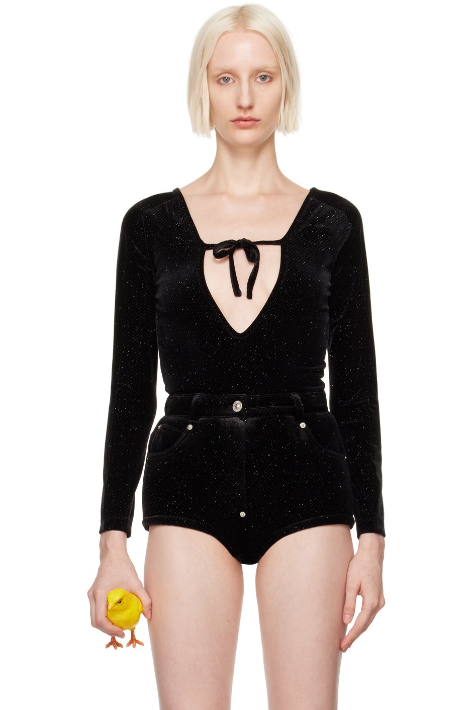 Pushbutton - Black Front Self Tie Bodysuit