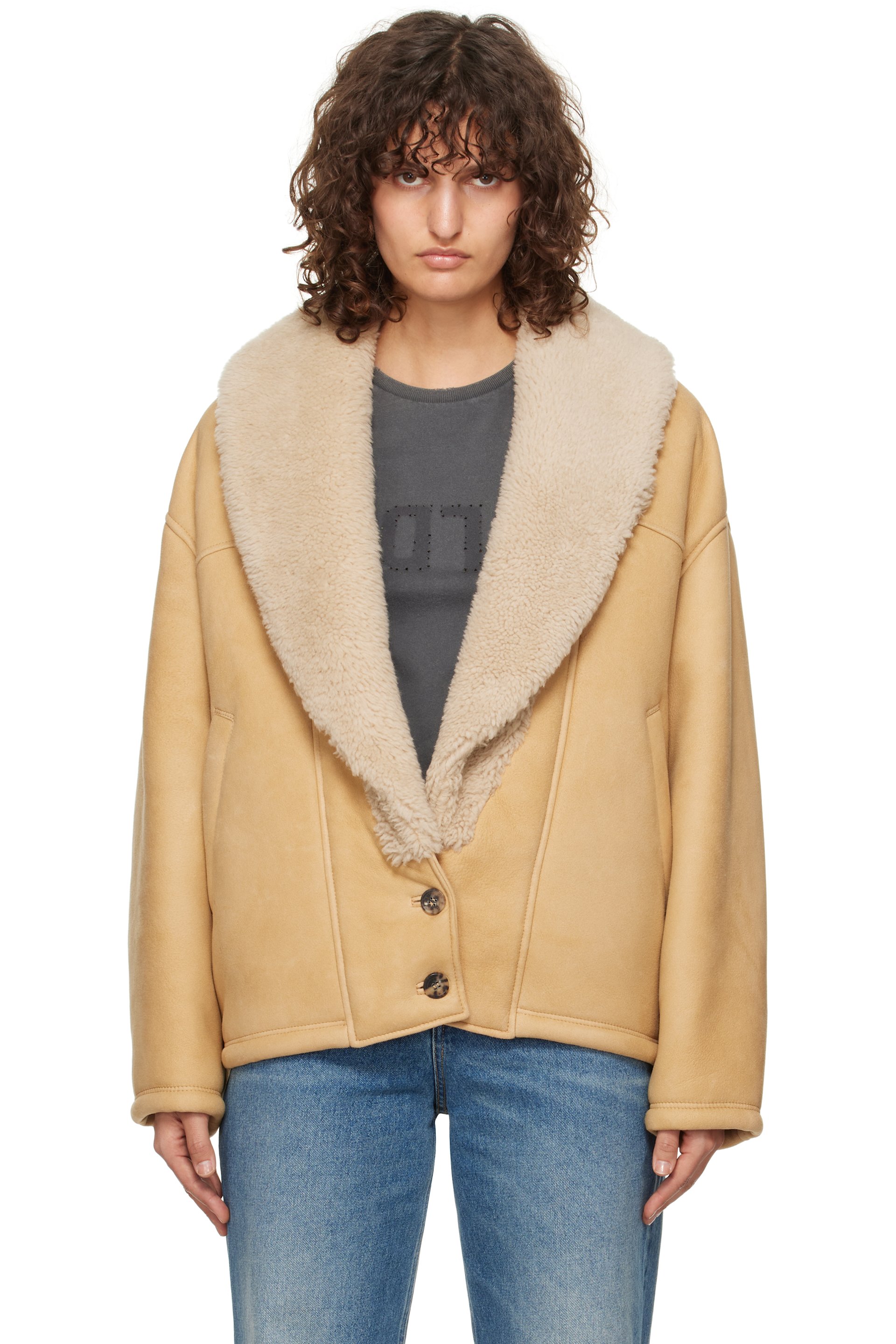 Golden Goose - Blouson brun clair à revers et doublure en peau retournée - Journey