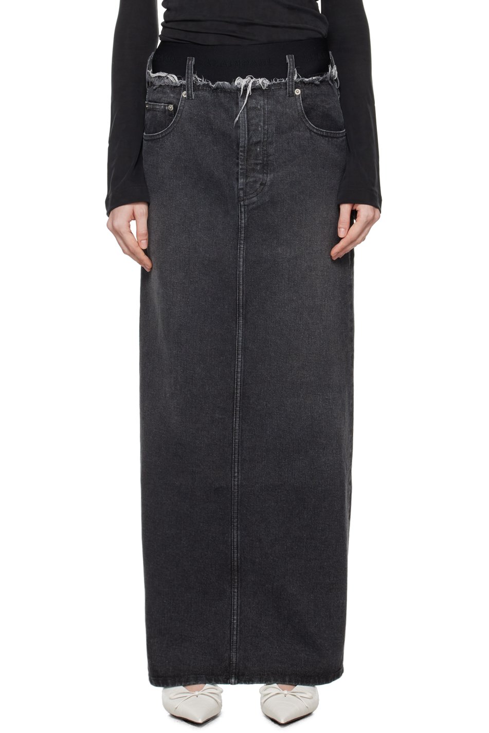 ALAINPAUL - Jupe longue grise en denim à taille à bord effiloché