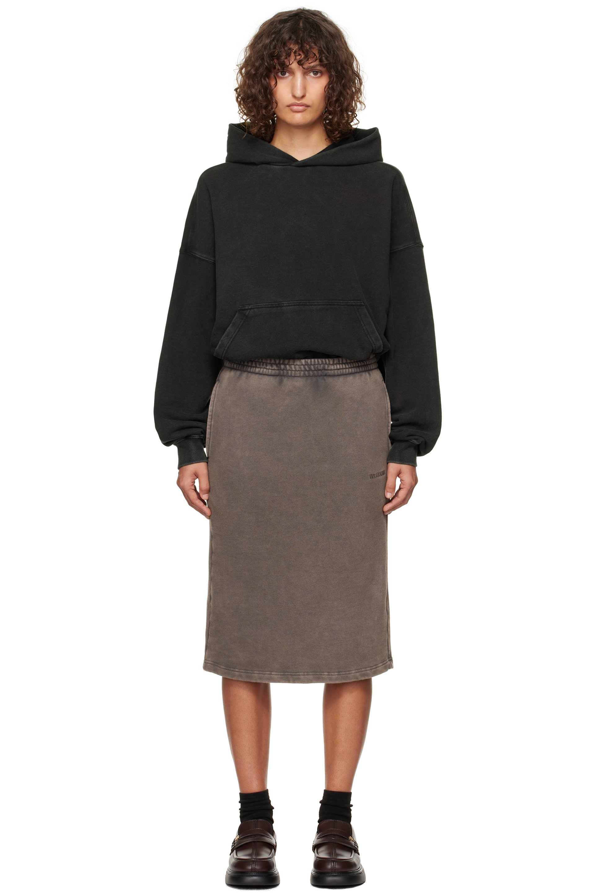 We11done - Robe midi de style pull à capuche noir et brun à assemblage étagé