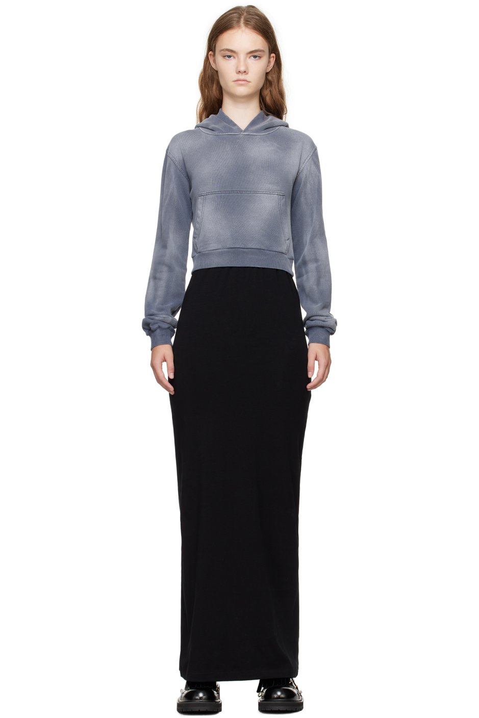 We11done - Robe longue étagée gris et noir à capuche