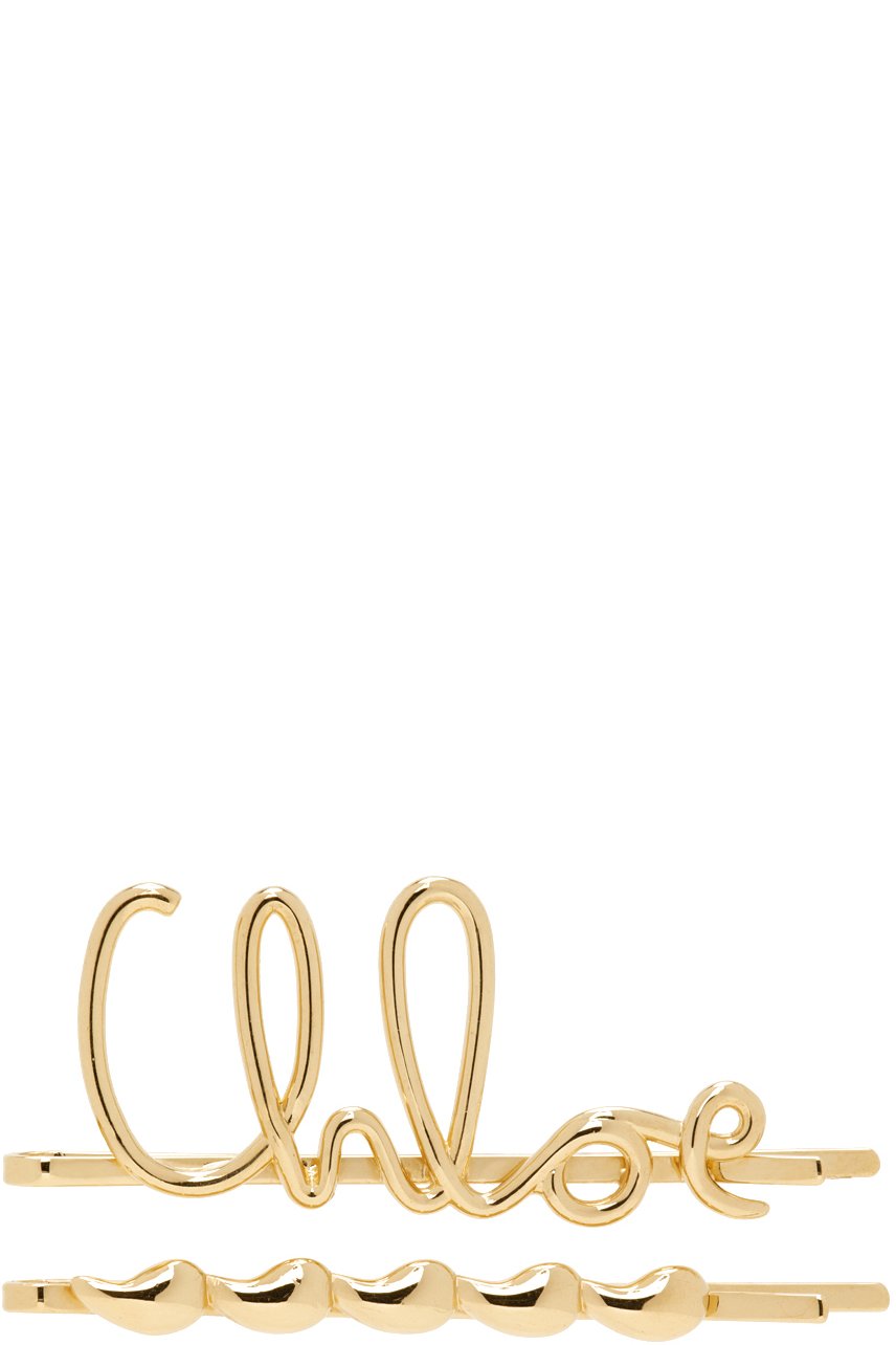 Chloé - Ensemble de barrettes dorées à logo