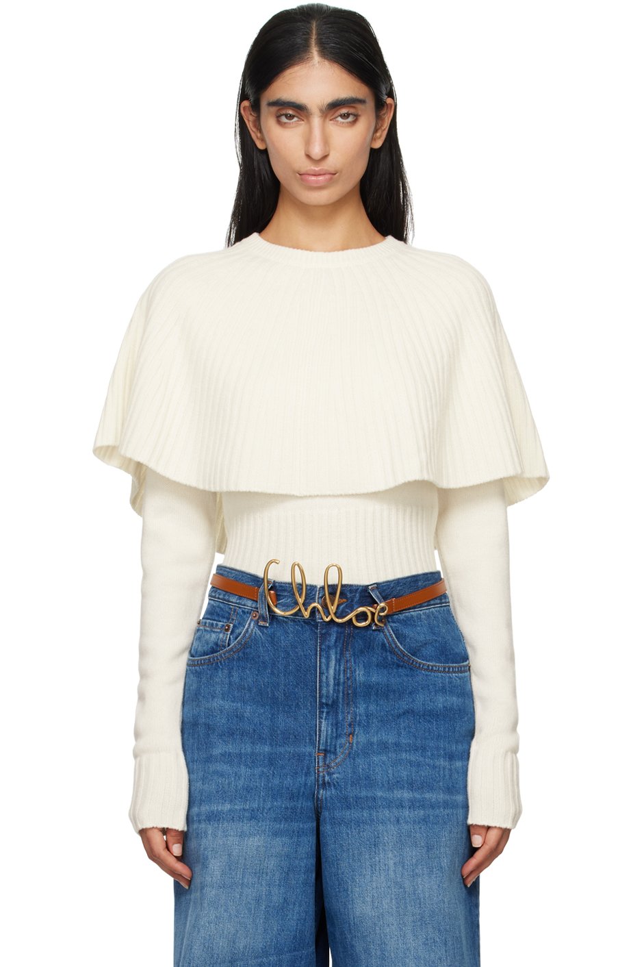 Chloé - Pull blanc cassé à empiècement de style cape