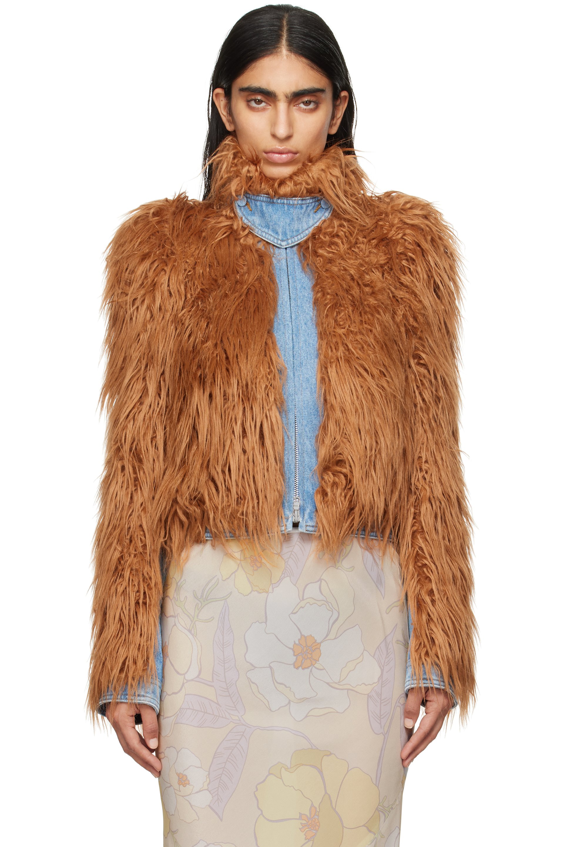 Dries Van Noten - Blouson brun clair en fourrure synthétique à panneaux