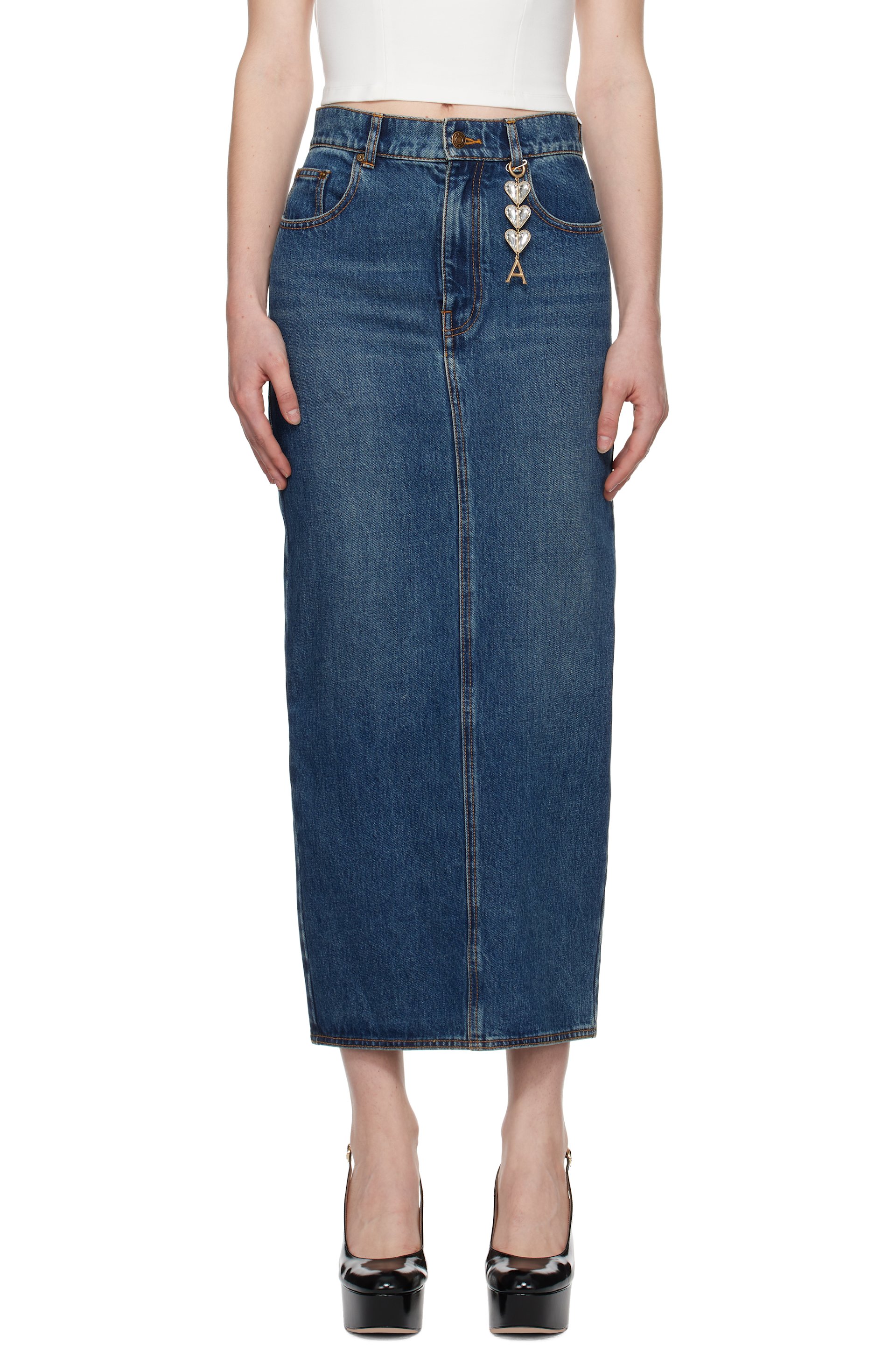 AREA - Blue Zip Slit Denim Midi Skirt