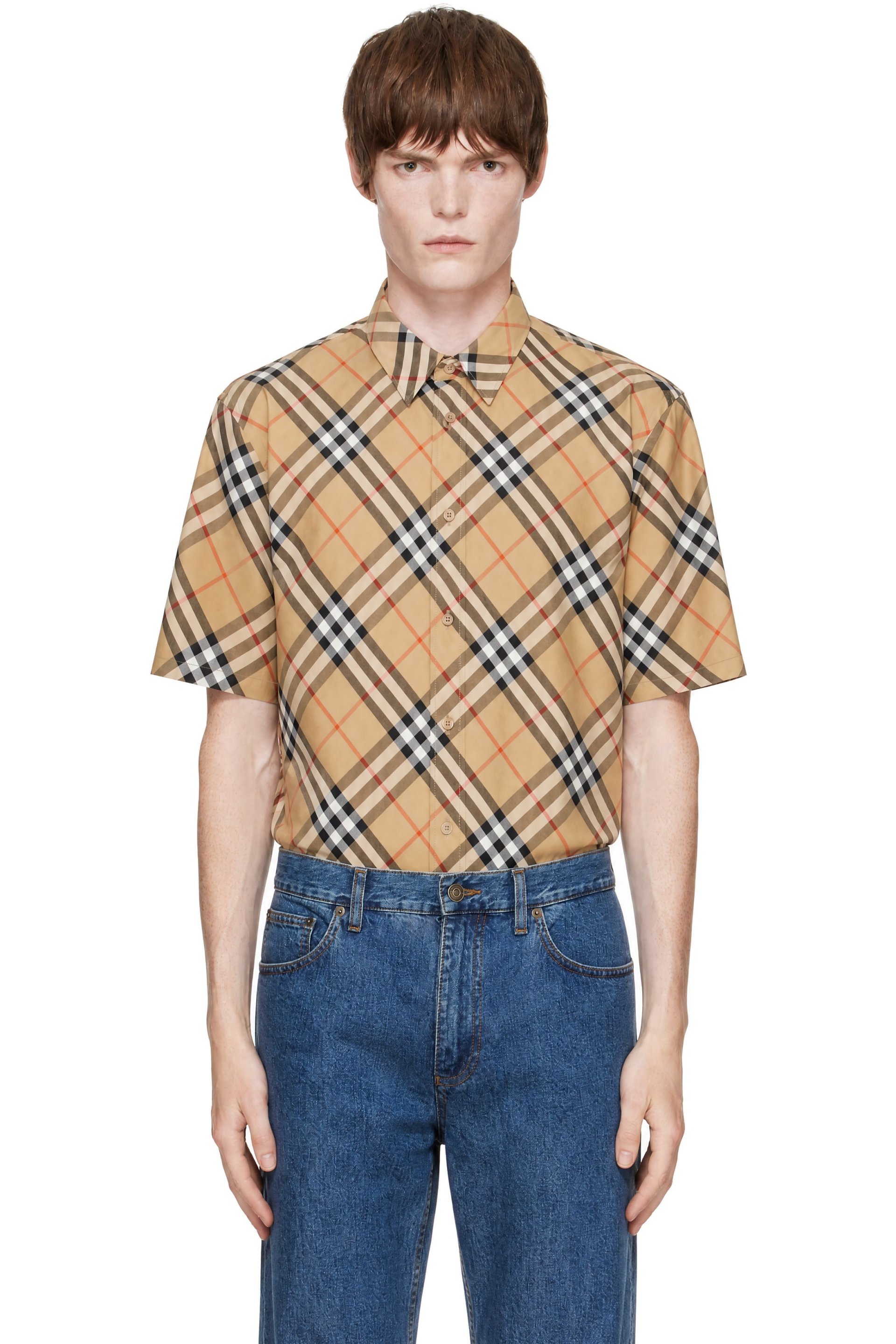 Burberry - Chemise beige en popeline de coton à carreaux