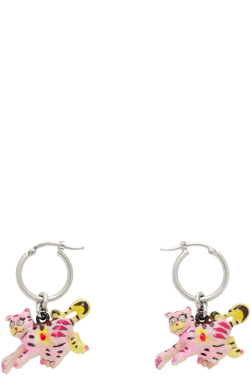 Marni - Boucles d'oreilles argenté et rose à pendentif de tigre