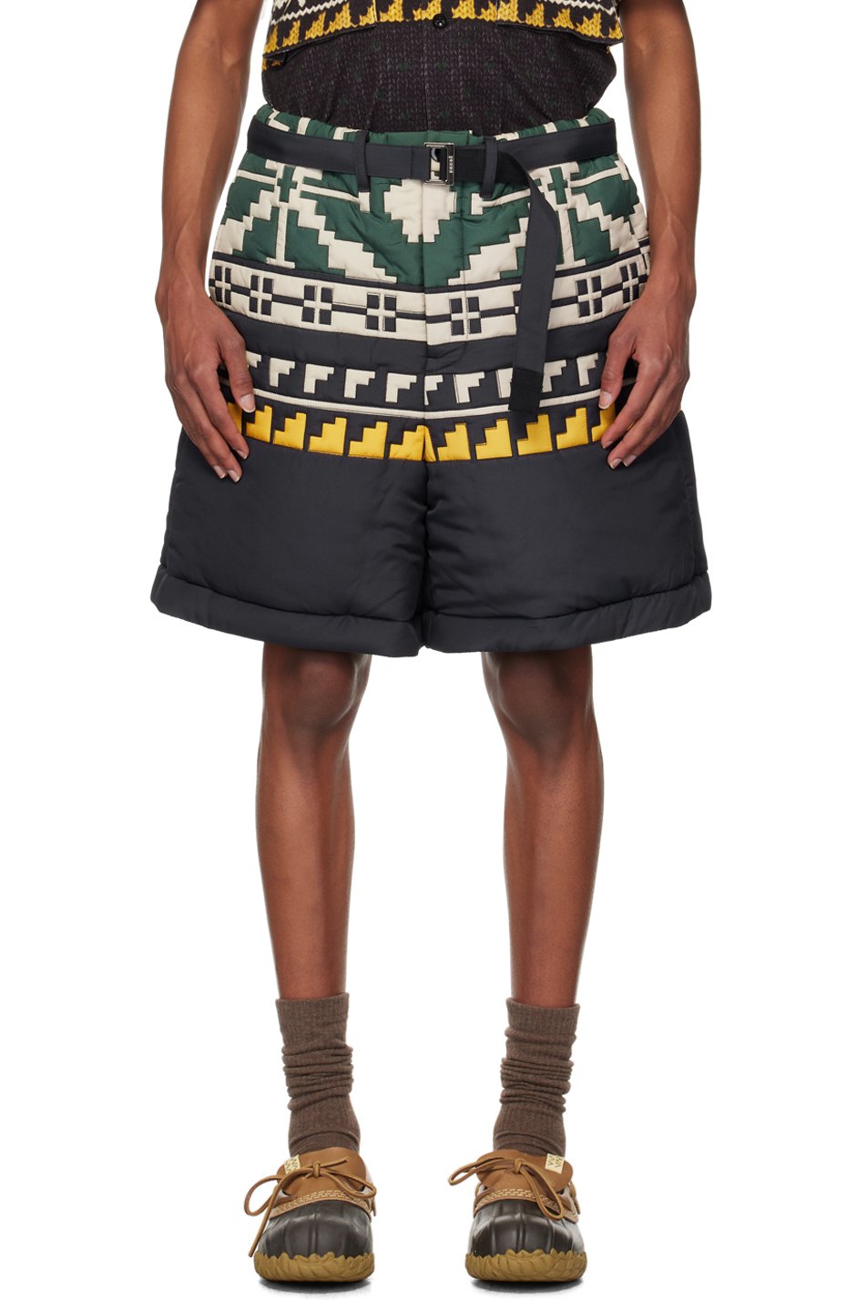 sacai - Black & Green Knit Pattern Quilted Shorts