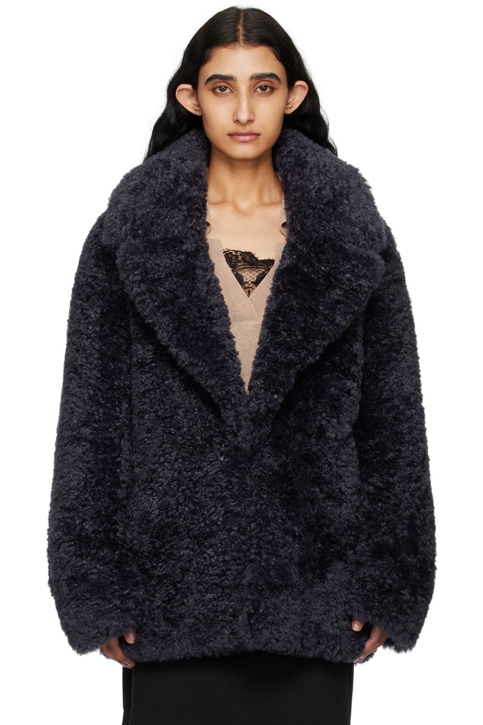 Stella McCartney - Blouson bleu marine en peau retournée synthétique