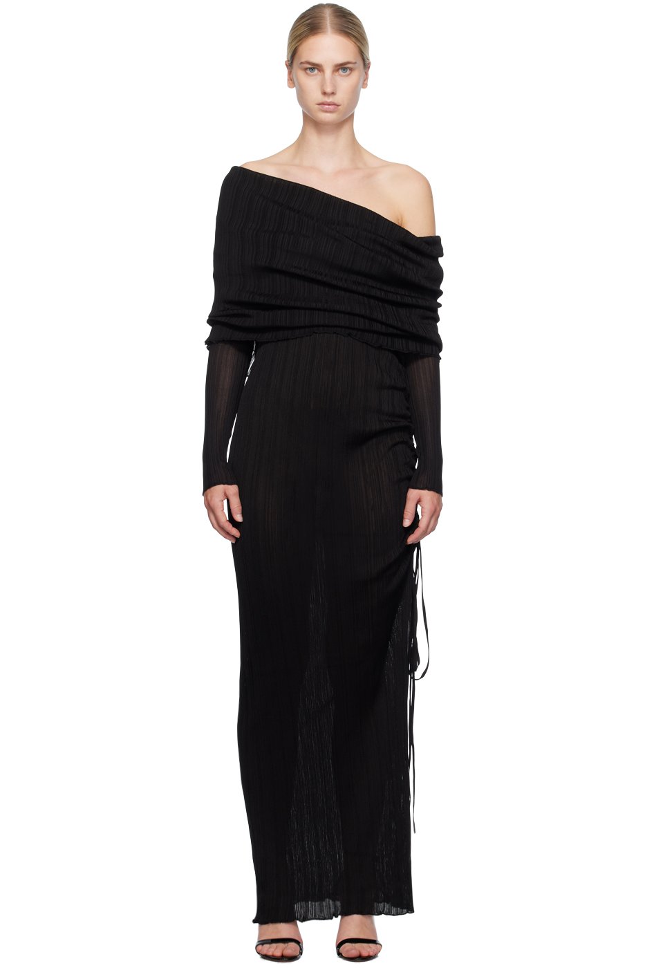 ALAÏA - Robe longue drapée noire à épaule dénudée