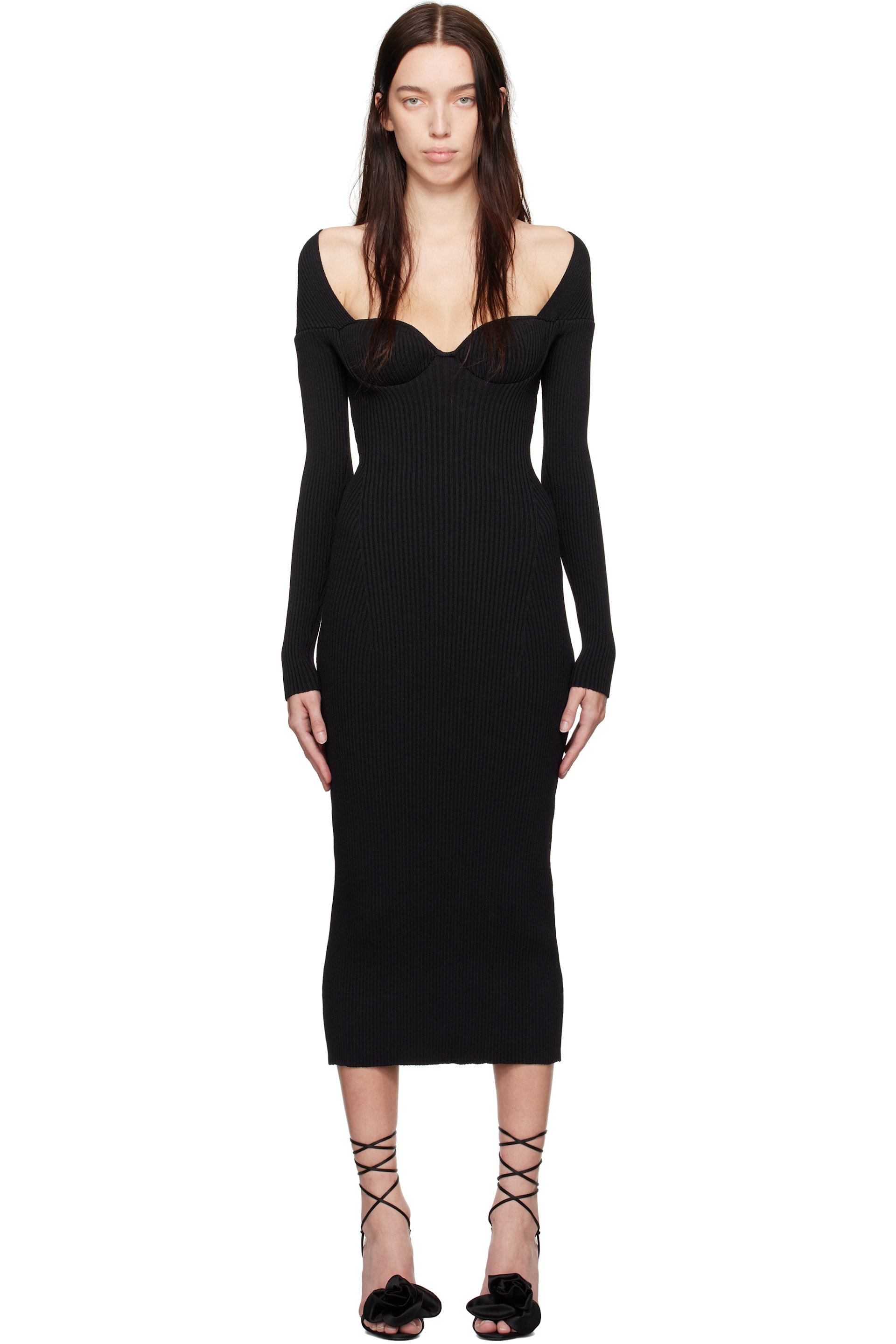 Magda Butrym - Robe longue noire en tricot côtelé à bustier