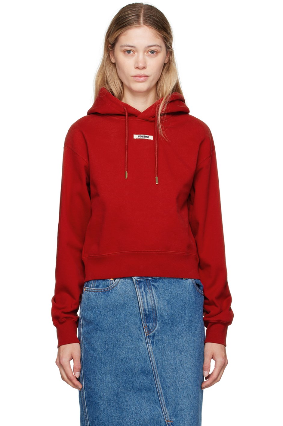 JACQUEMUS - Pull à capuche rouge à écusson en gros-grain - La casa