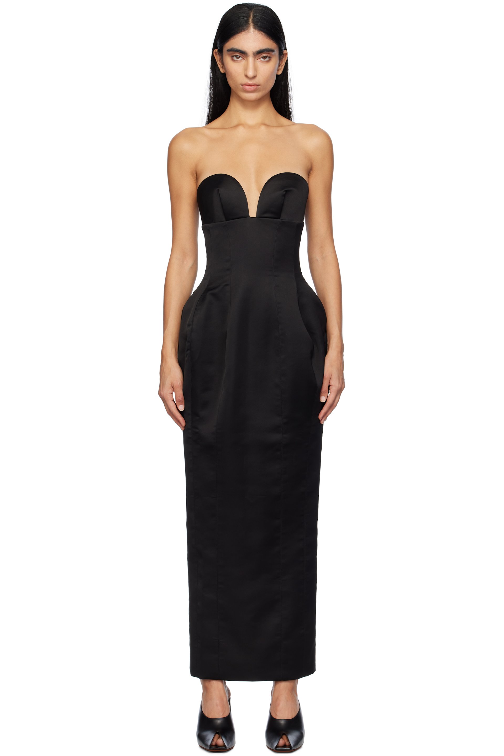 Mônot - Robe longue de style corset noire en satin