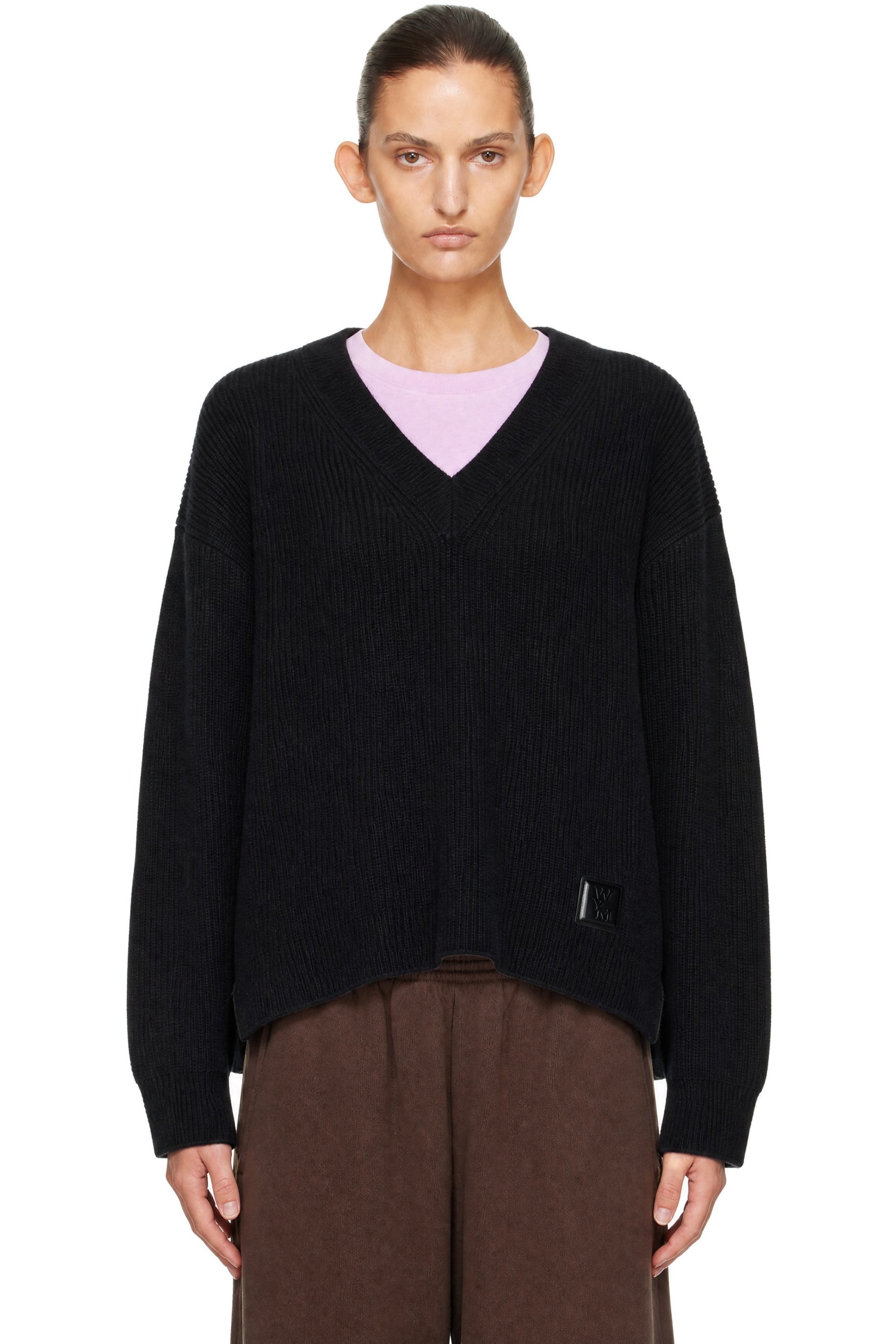 WOOYOUNGMI - Pull noir en tricot de laine à col en V