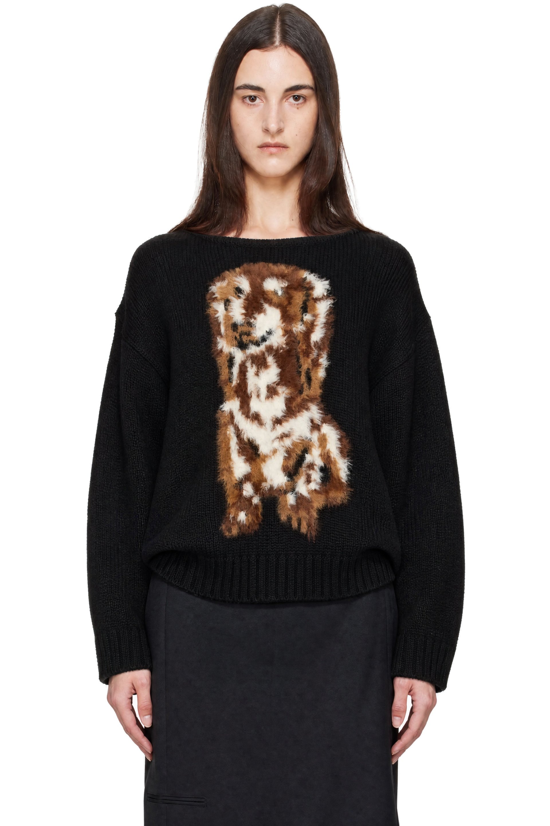 OPEN YY - Black Shaggy Jacquard Dog Sweater