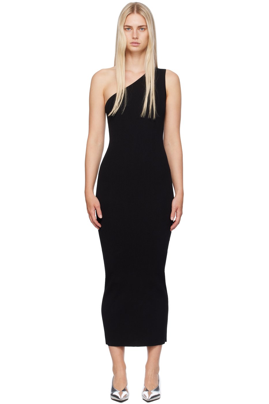 TOTEME - Robe longue noire en tricot côtelé à bretelle unique