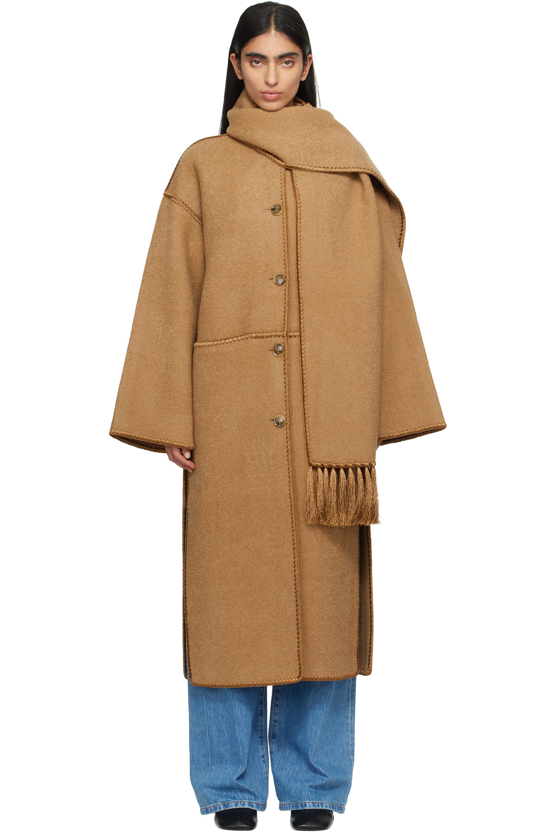 TOTEME - Manteau brun clair à points de feston et à écharpe