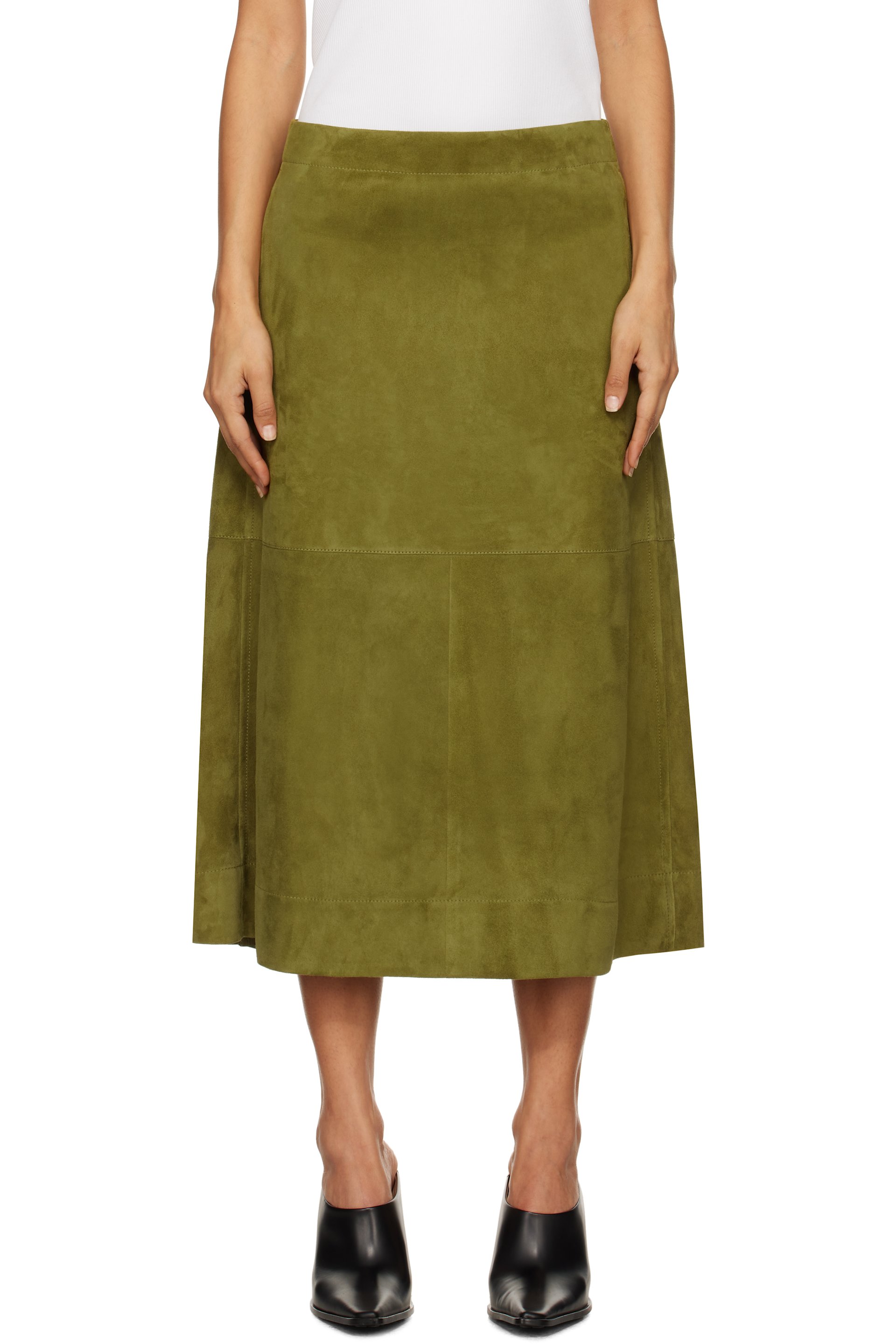 Bottega Veneta - Jupe midi verte en suède pleine fleur