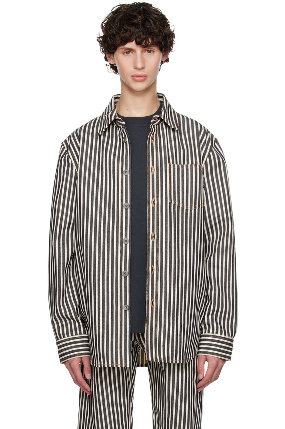 Bottega Veneta: Navy & Off-White Striped Shirt | SSENSE