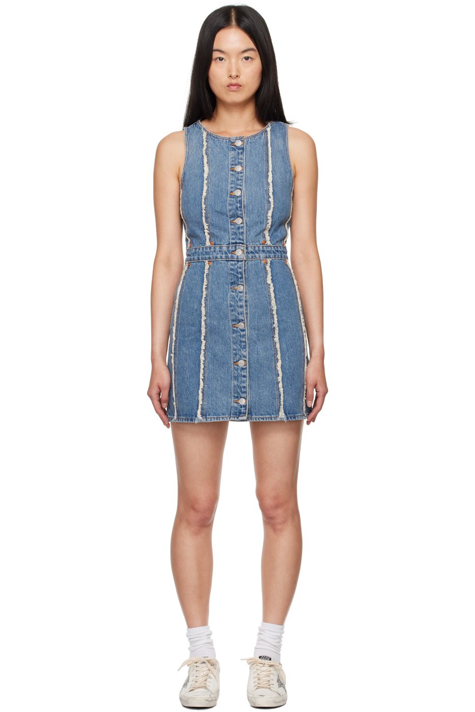 Re/Done - Robe courte bleue en denim à bords effilochés