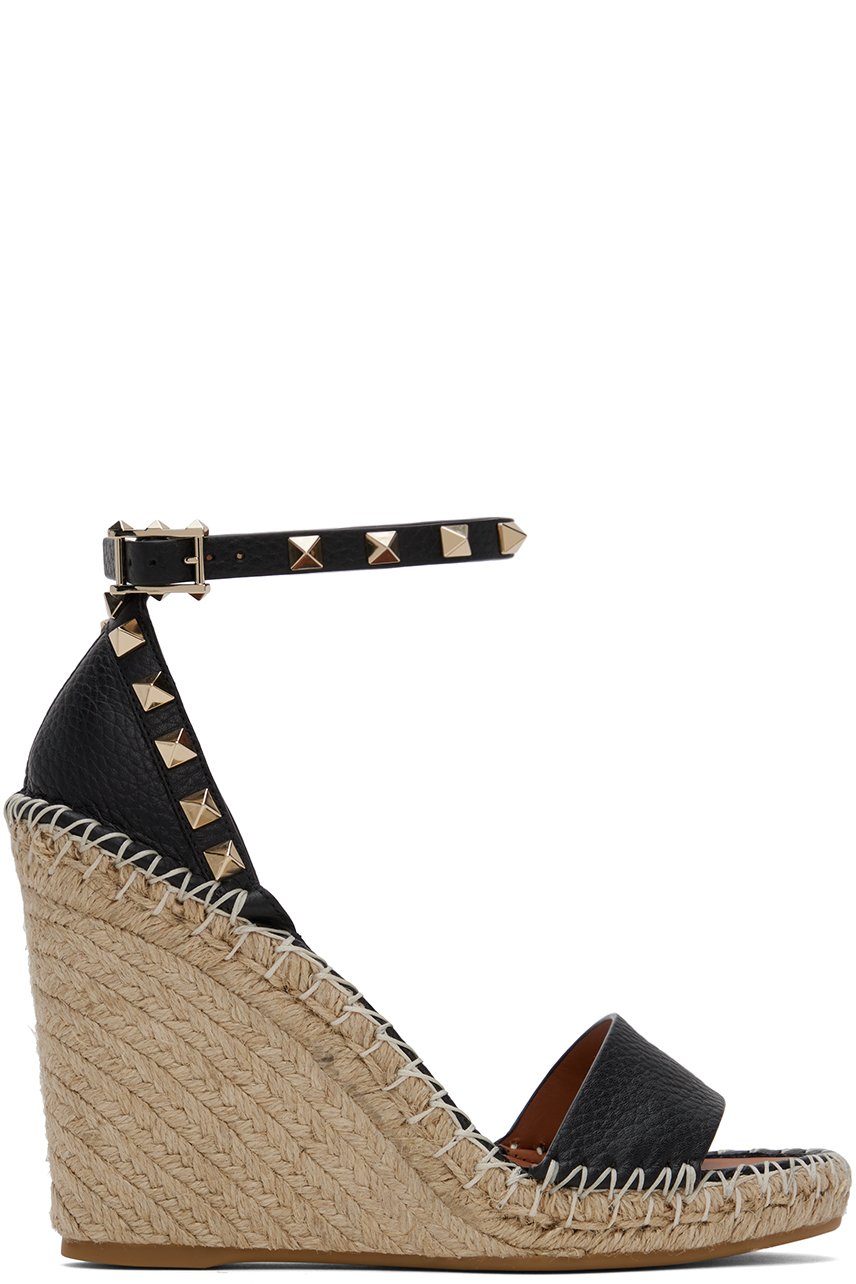 Valentino Garavani - Sandales à talon compensé noires à clous Rockstud
