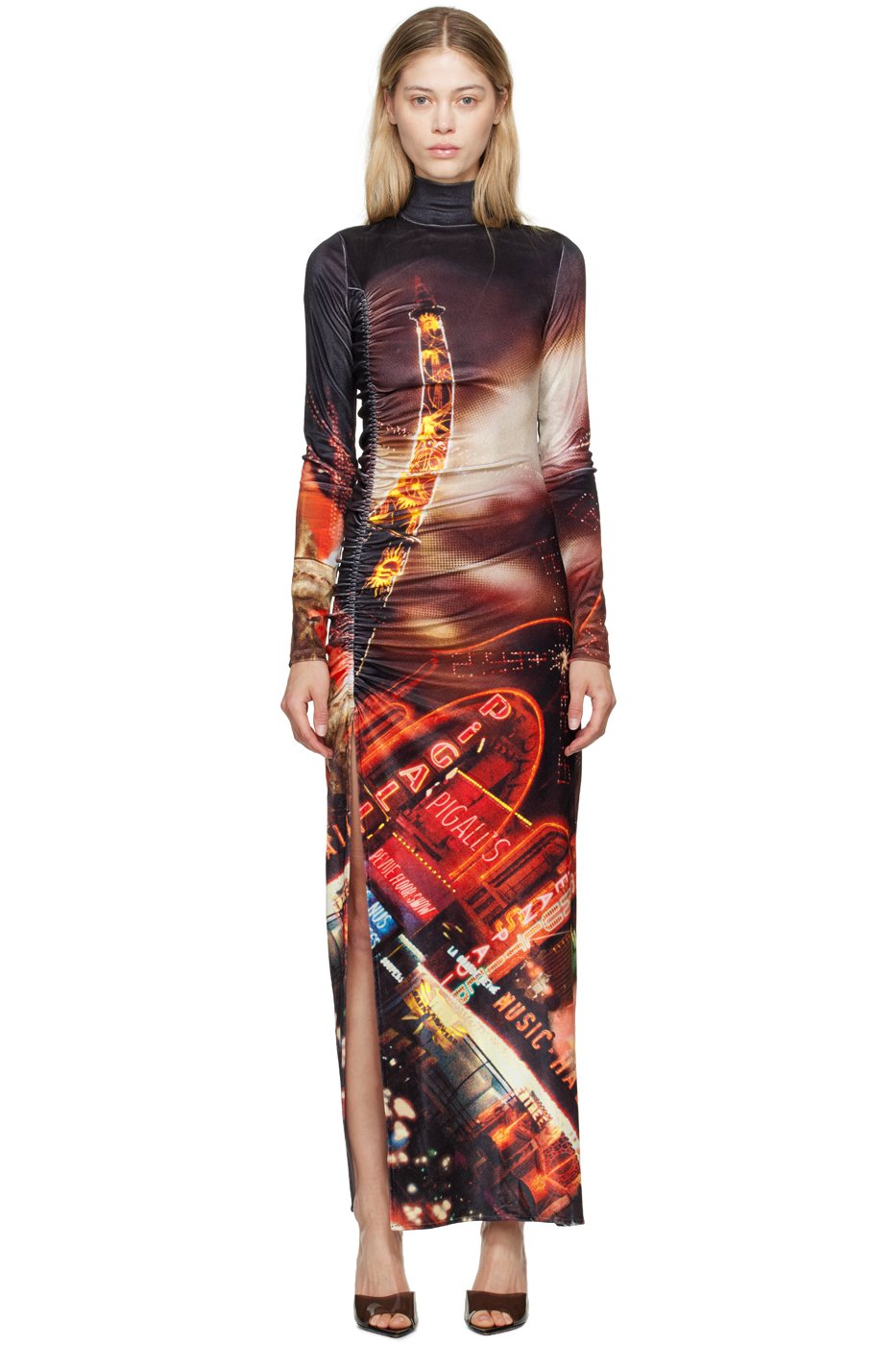 Jean Paul Gaultier - Robe longue noir et rouge en velours à motif Pigalle - Fashion Fiction