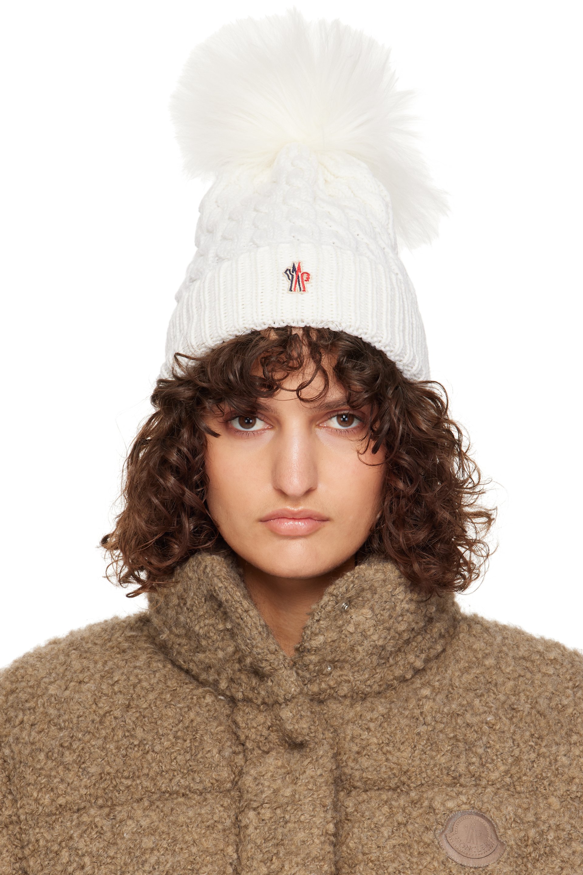 Moncler Grenoble - Bonnet blanc en laine à pompon
