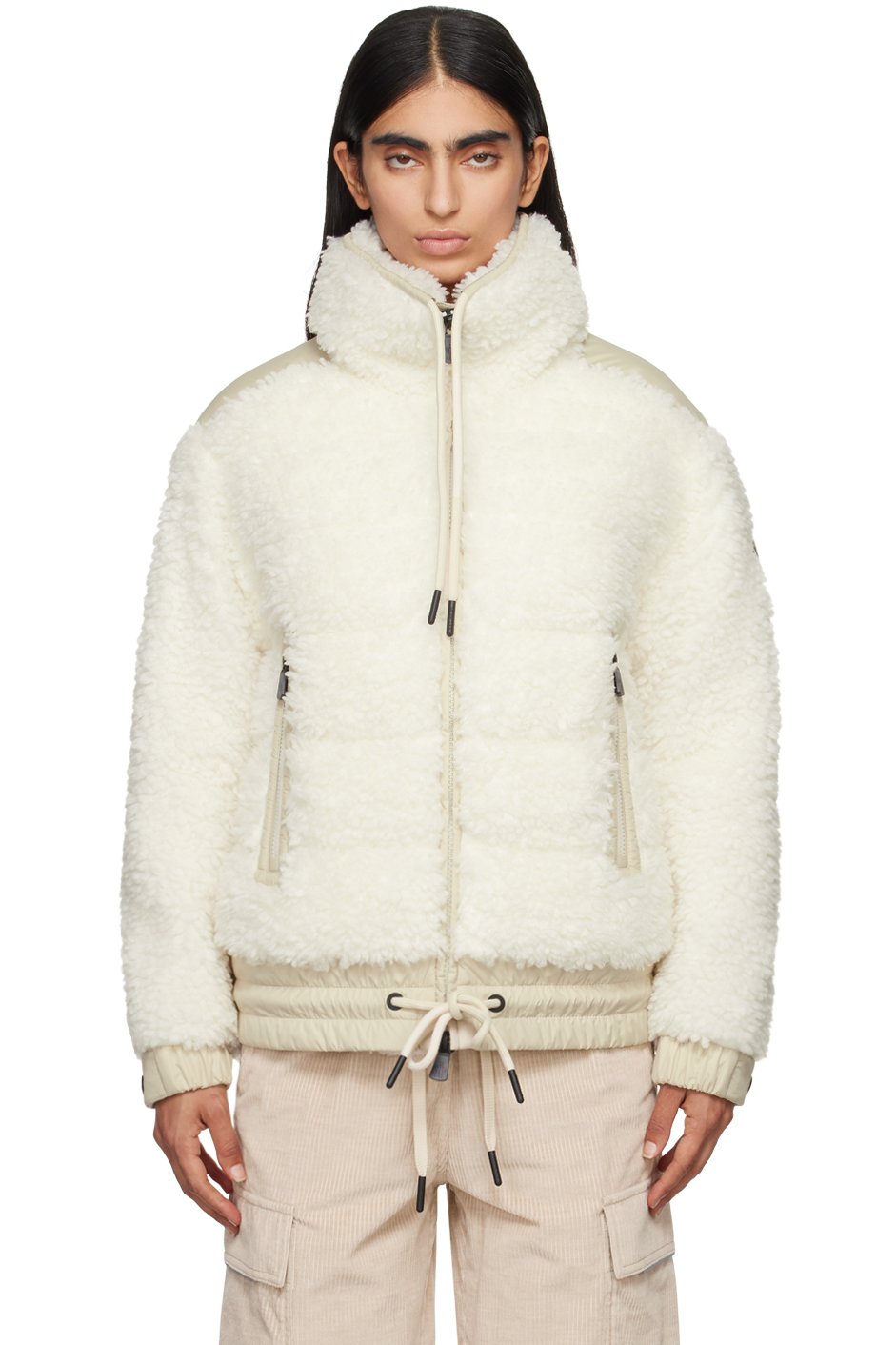 Moncler Grenoble - Blouson blanc cassé en peau retournée synthétique rembourré en duvet