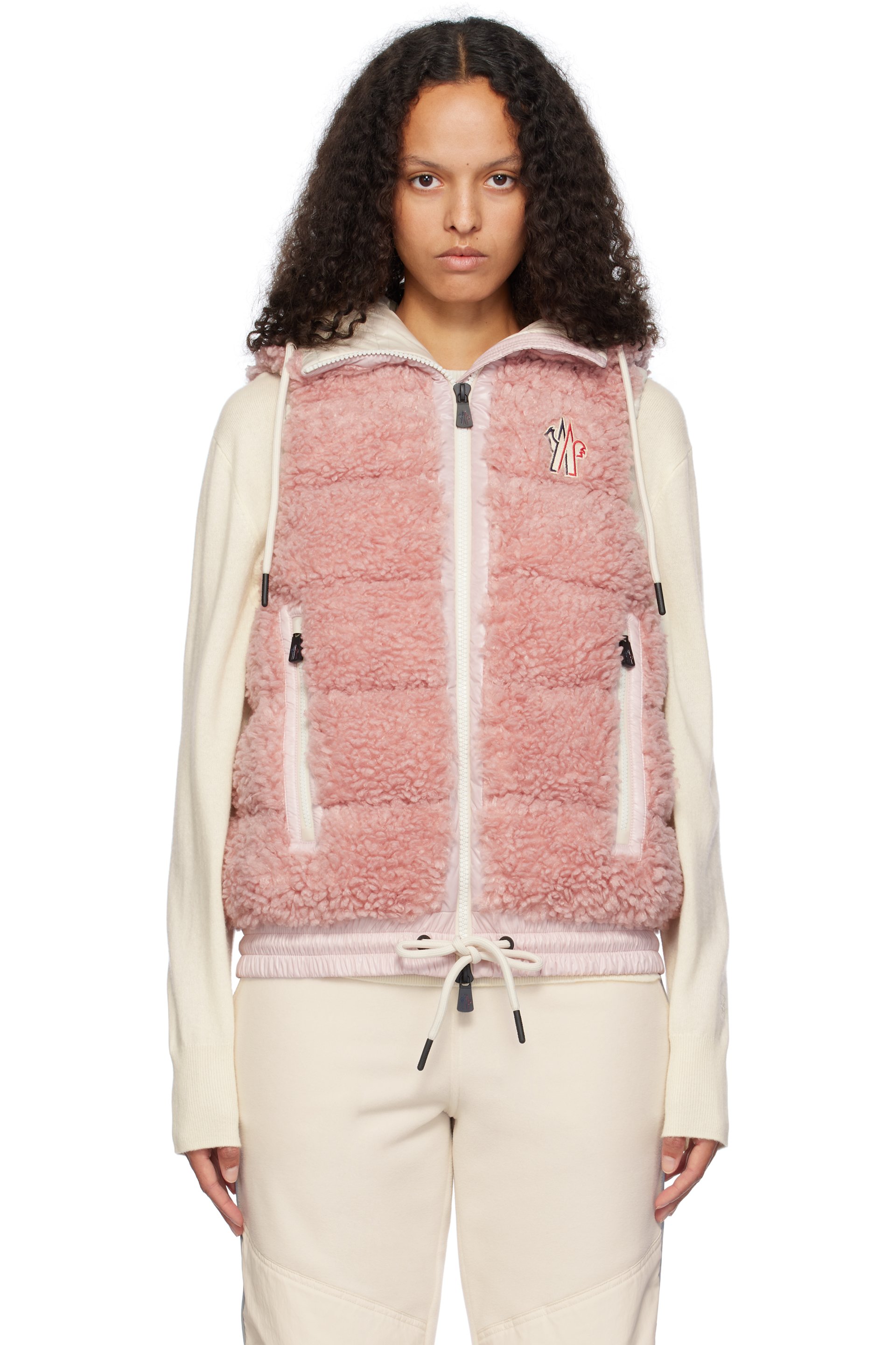 Moncler Grenoble - Veste rose en peau retournée synthétique rembourrée en duvet à glissières