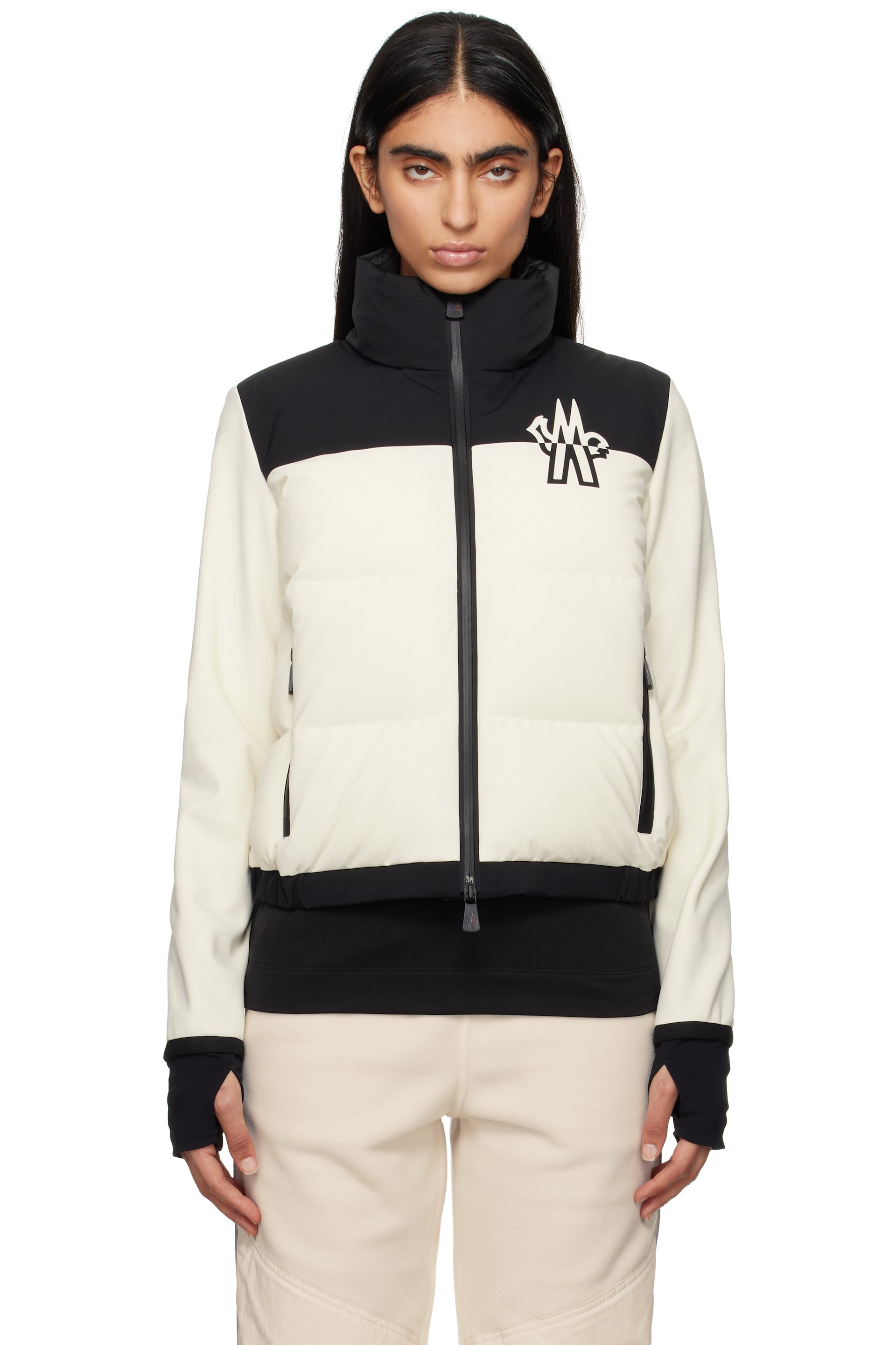Moncler Grenoble - Blouson Maglia blanc cassé et noir rembourré en duvet