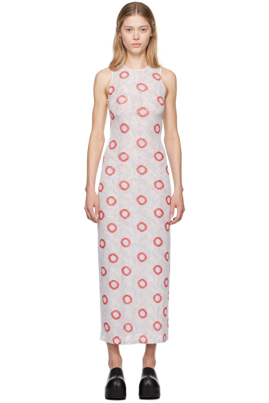 Eckhaus Latta - Robe longue blanc et rouge en filet double face