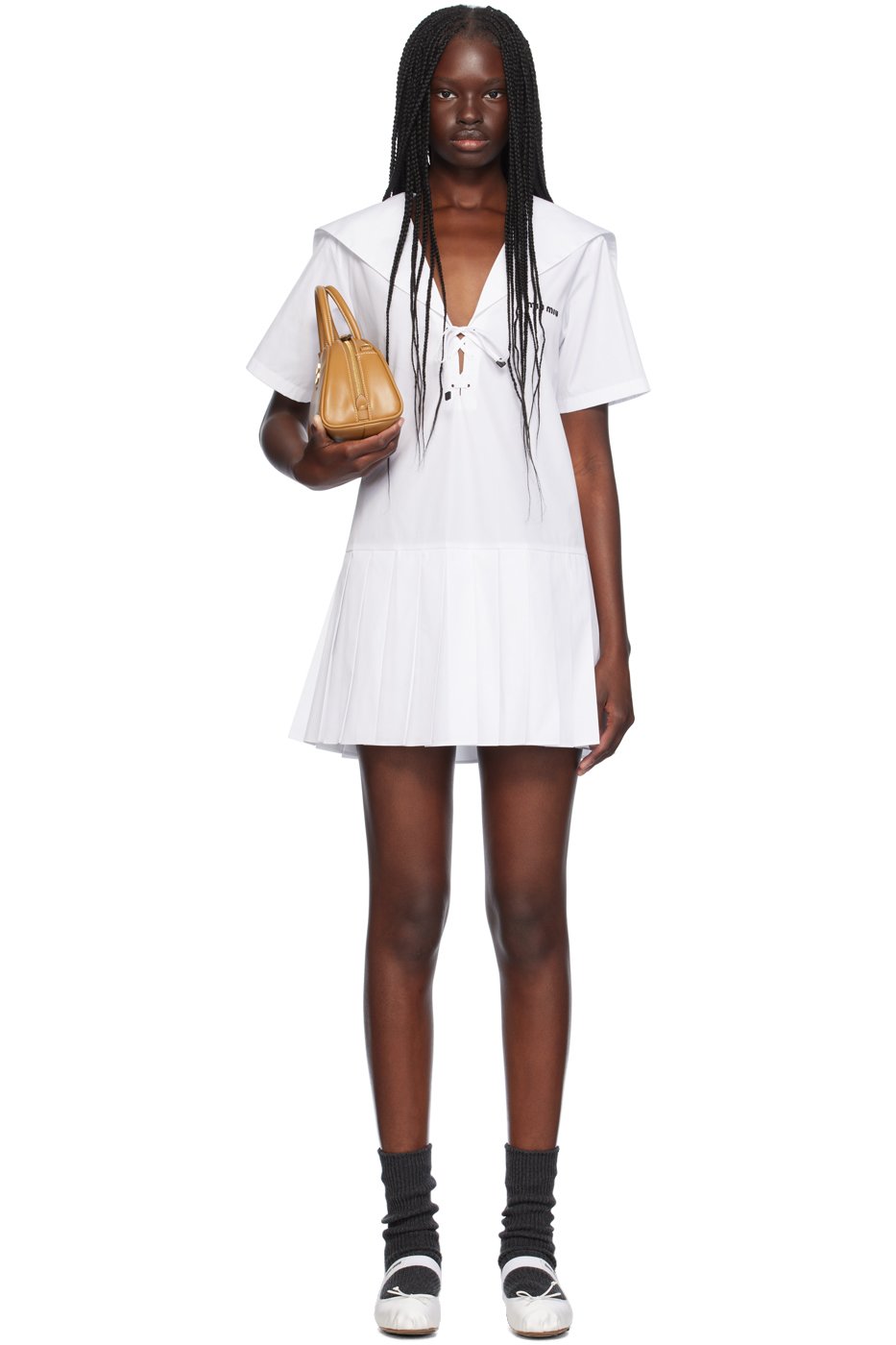 Miu Miu - Robe courte blanche en coton à plis plats