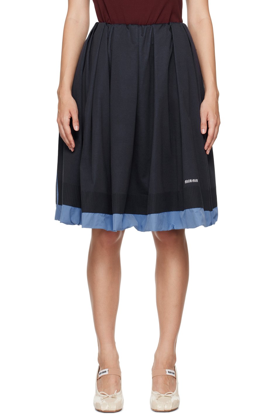 Miu Miu - Jupe midi bleu marine et bleu en soie à fronces