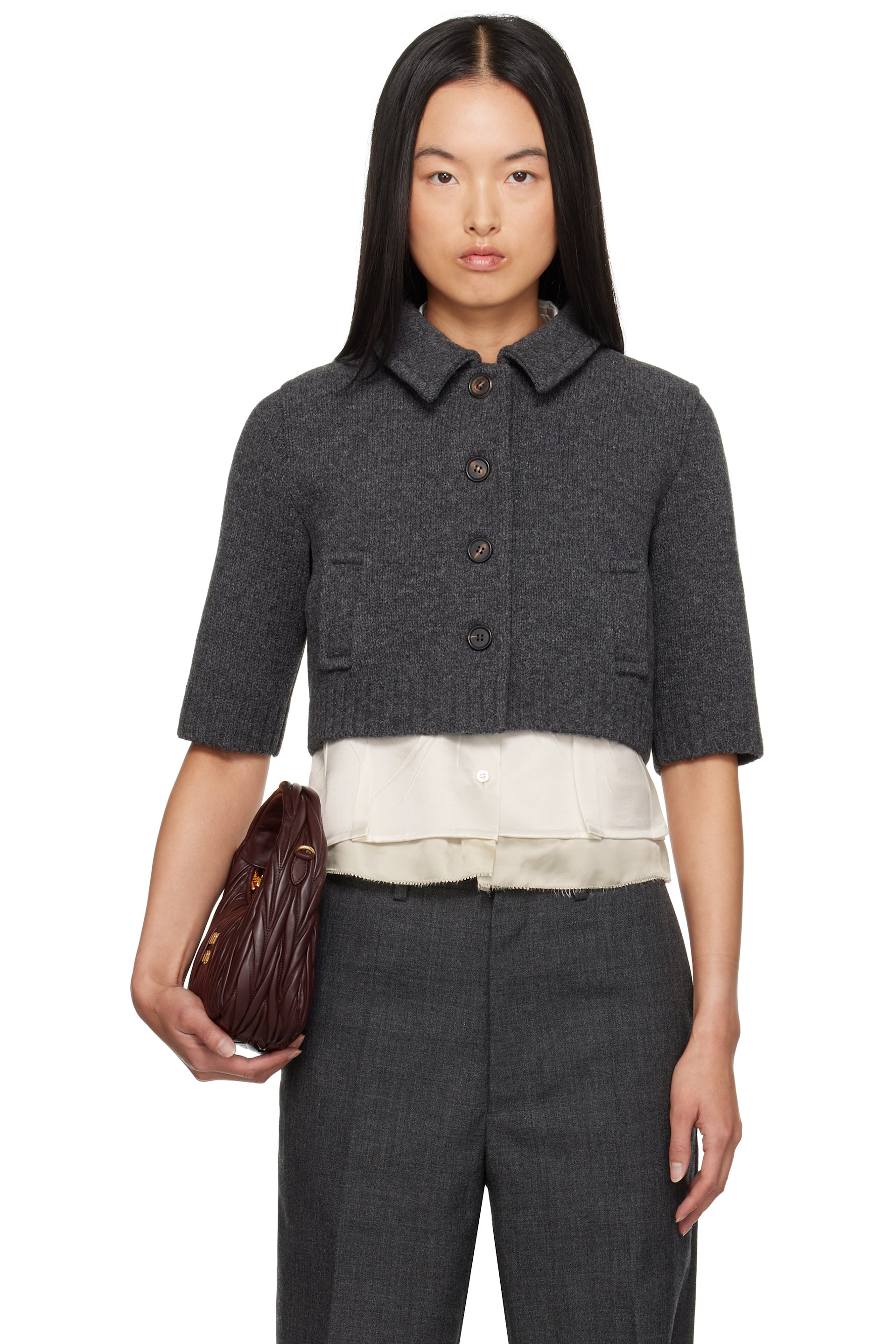 Miu Miu - Cardigan écourté gris en laine