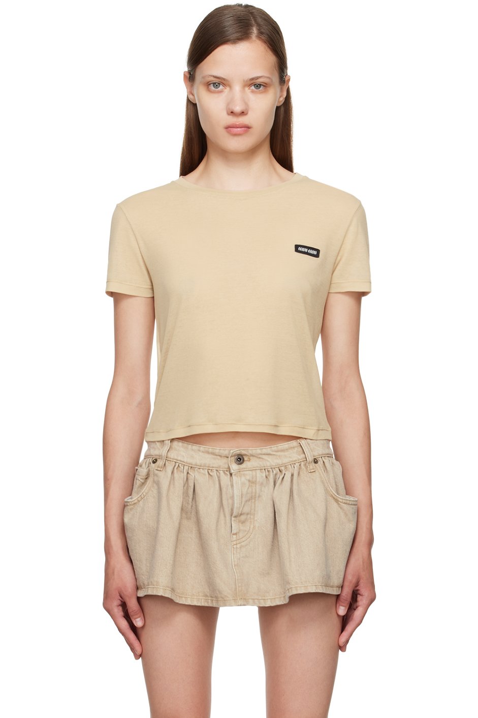 Miu Miu - T-shirt beige à écusson à logo