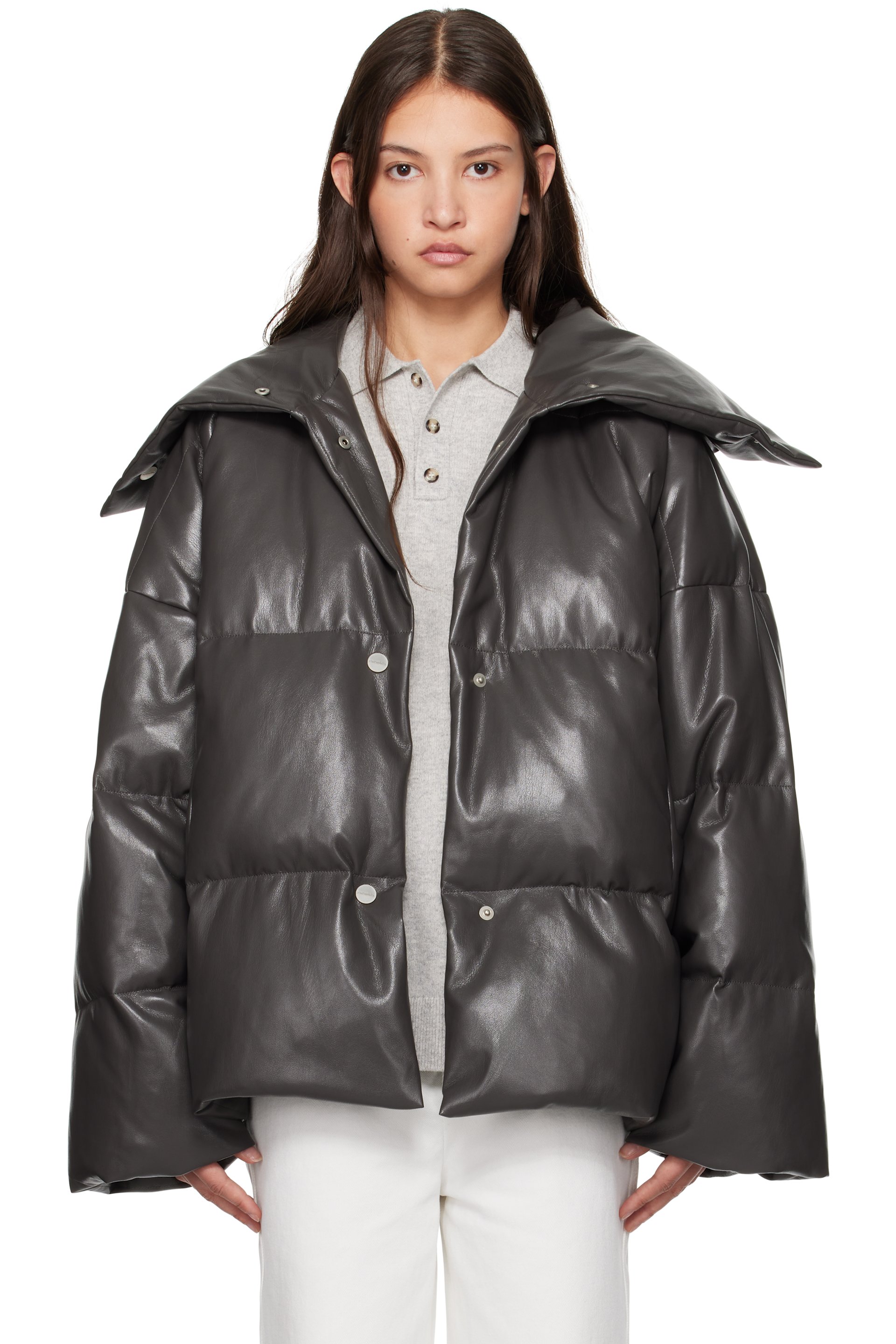 Nanushka - Blouson Alora kaki en cuir synthétique rembourré en duvet