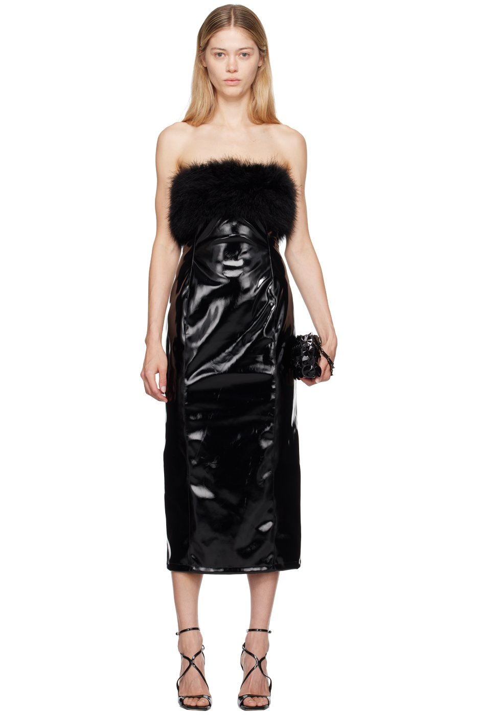 Blumarine - Robe midi noire en cuir synthétique à garniture à plumes marabou