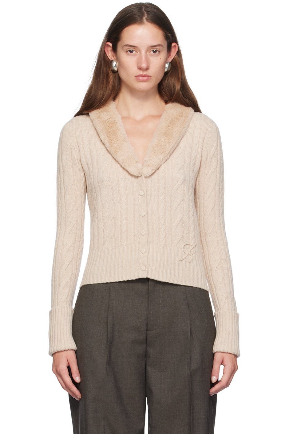 Blumarine - Cardigan blanc cassé à col à garniture en fourrure synthétique