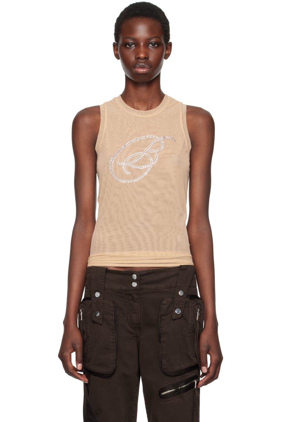 Blumarine - Débardeur beige à monogramme en pierres du Rhin