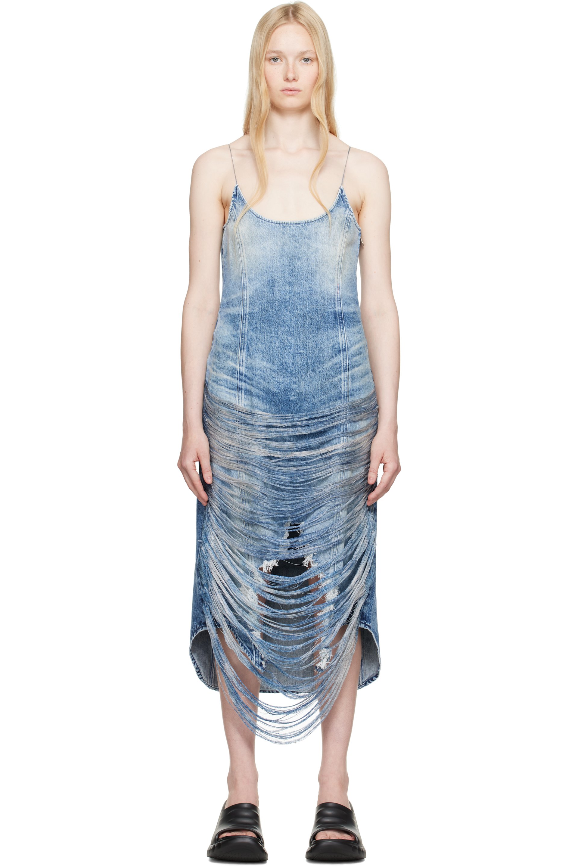 Diesel - Robe midi Dra bleue en denim à effet usé
